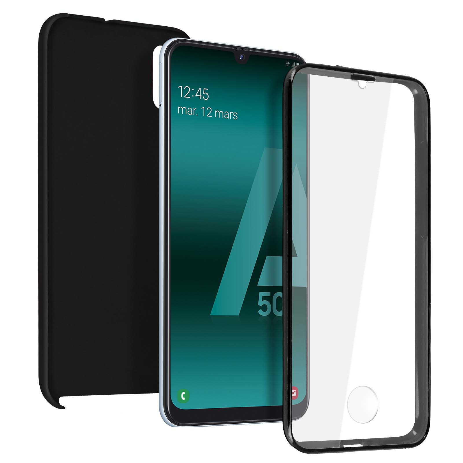 Samsung-telefoon met schermbeschermer en zwarte hoes. Toont datum en tijd.