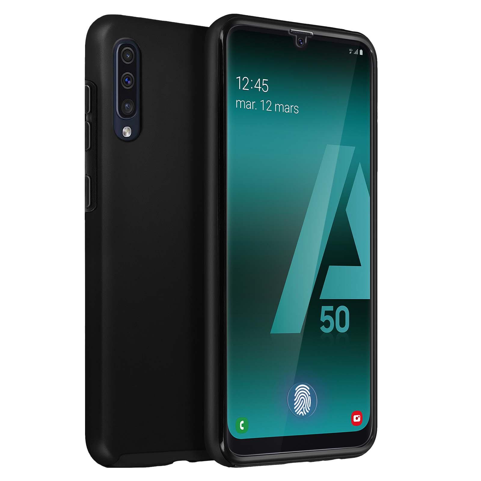 Zwarte telefoon en zwarte hoes. Telefoon toont groen scherm met vingerafdruk en nummer 50.