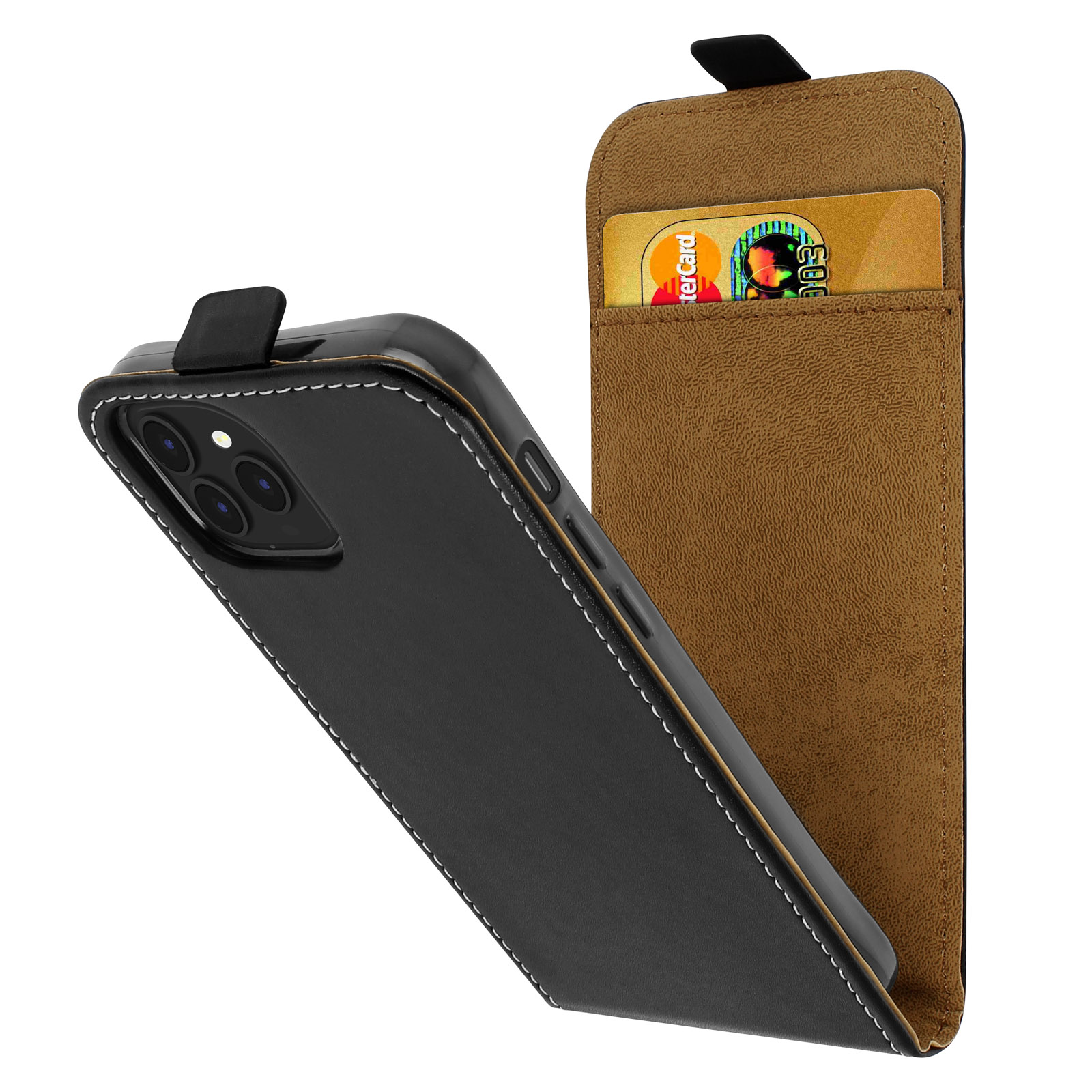 Custodia per telefono nera con portafoglio e carta d'oro.