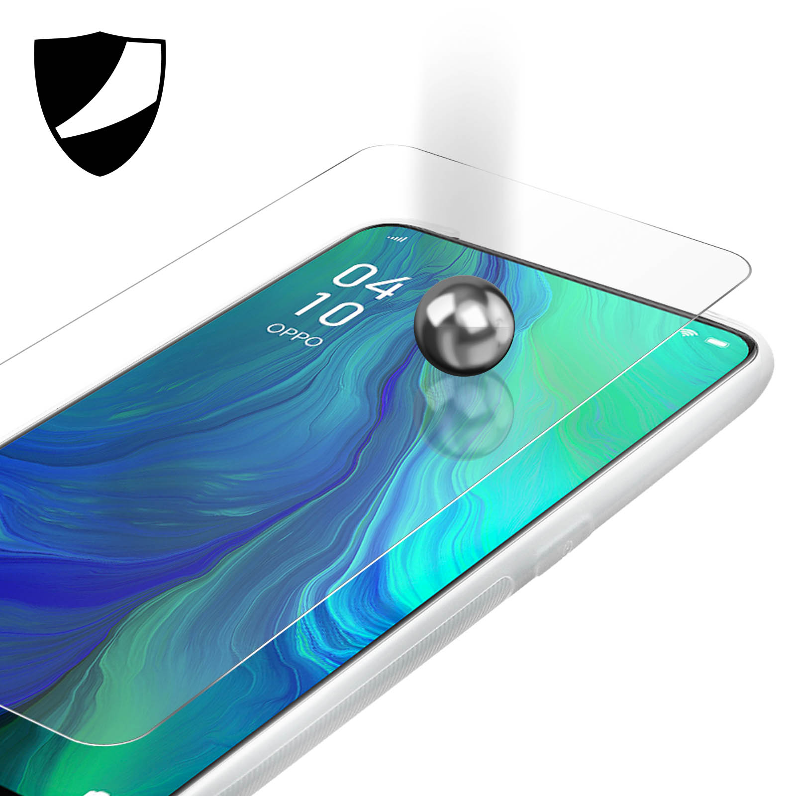 Telefon mit Displayschutz. Metallkugel fällt auf den Bildschirm. Schildsymbol oben links.