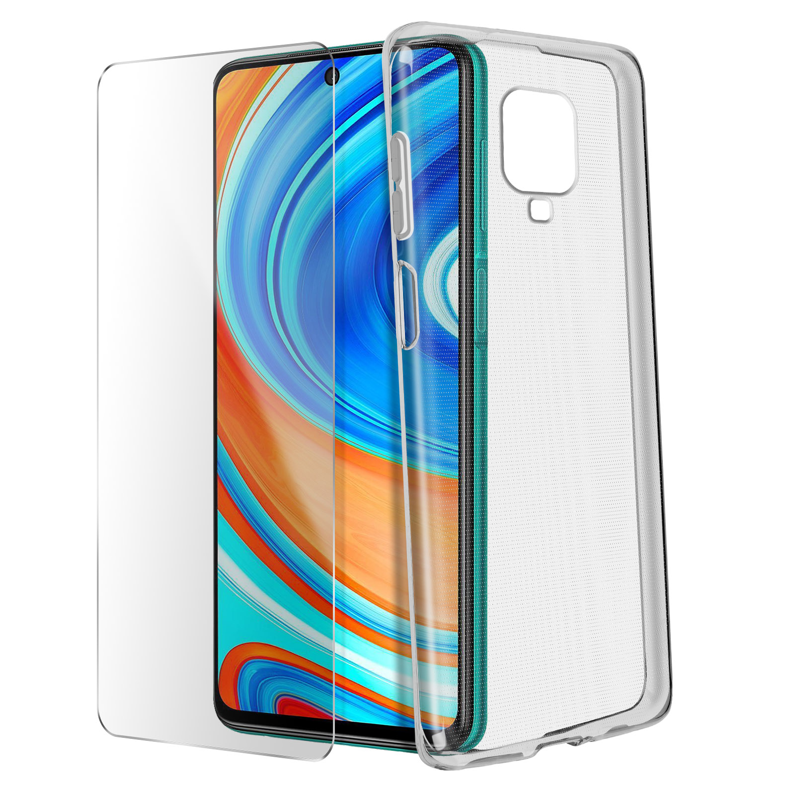 Ein Telefon mit Displayschutz und Handyhülle. Das Telefon ist orange und grün.