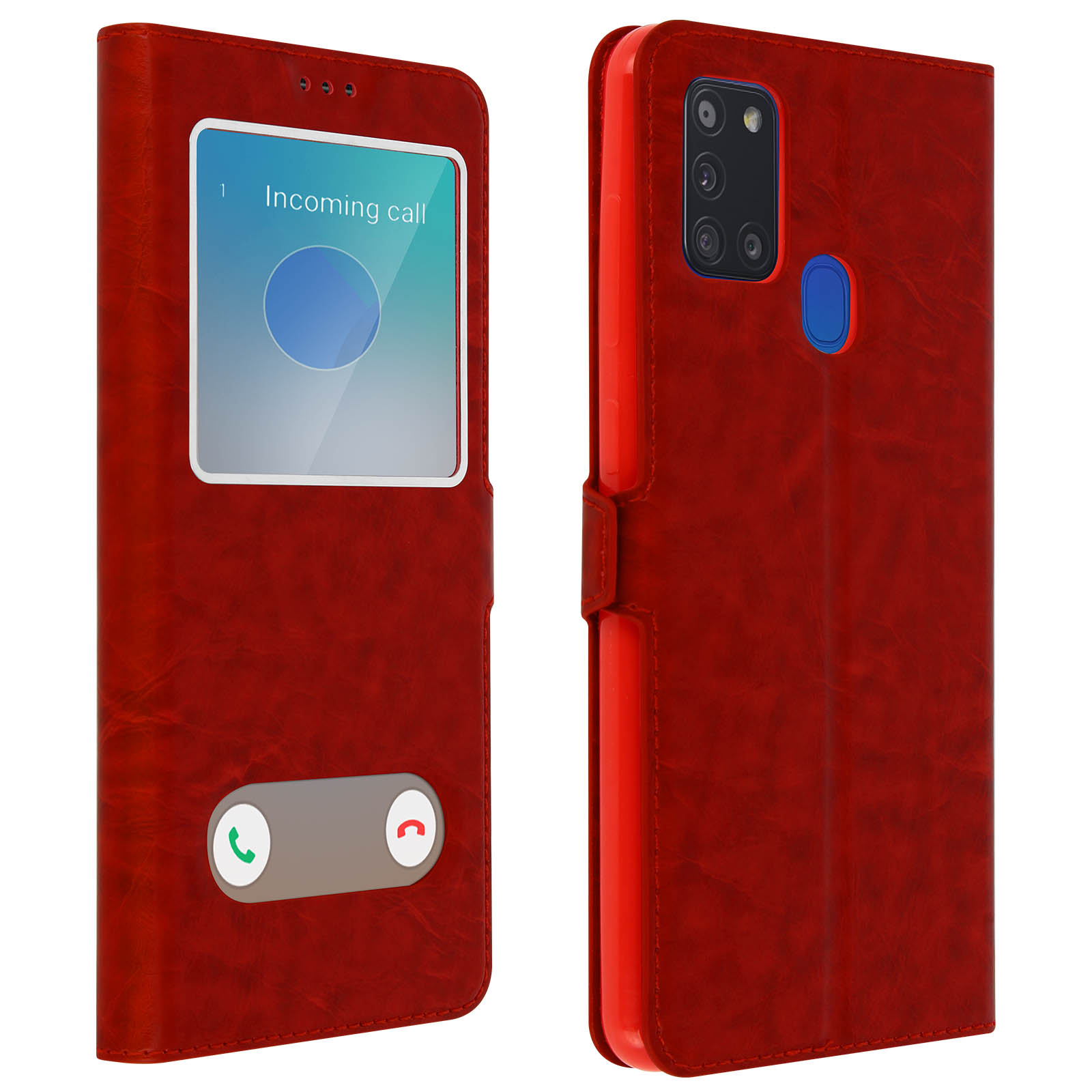 Custodia per telefono rossa con finestra. La custodia ha una notifica di chiamata in arrivo e un pulsante per rispondere.
