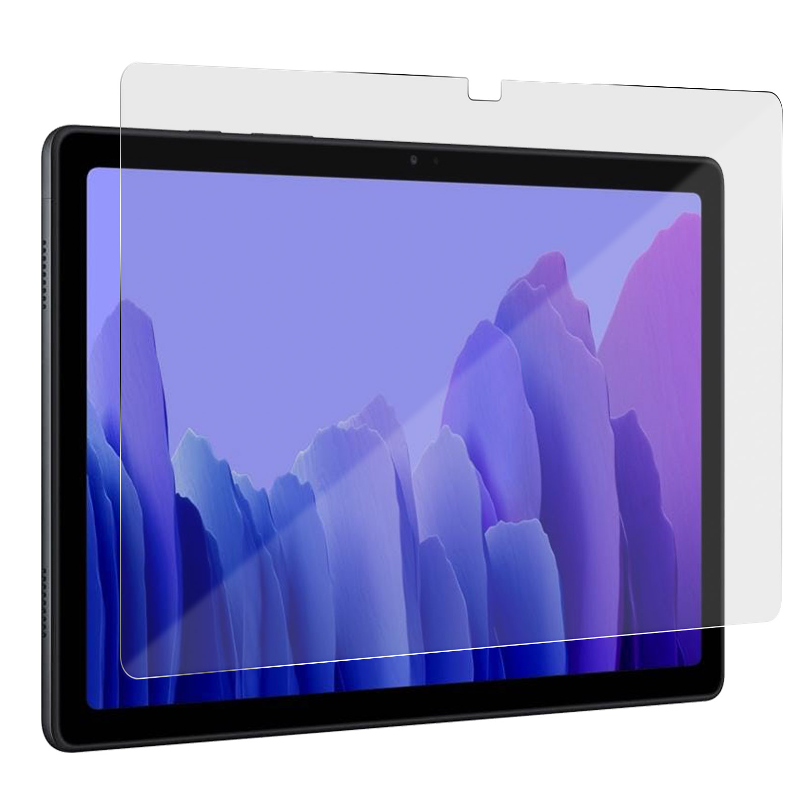 Tablette avec protecteur d'écran. L'écran affiche un paysage violet. Le protecteur est transparent. Fond blanc.