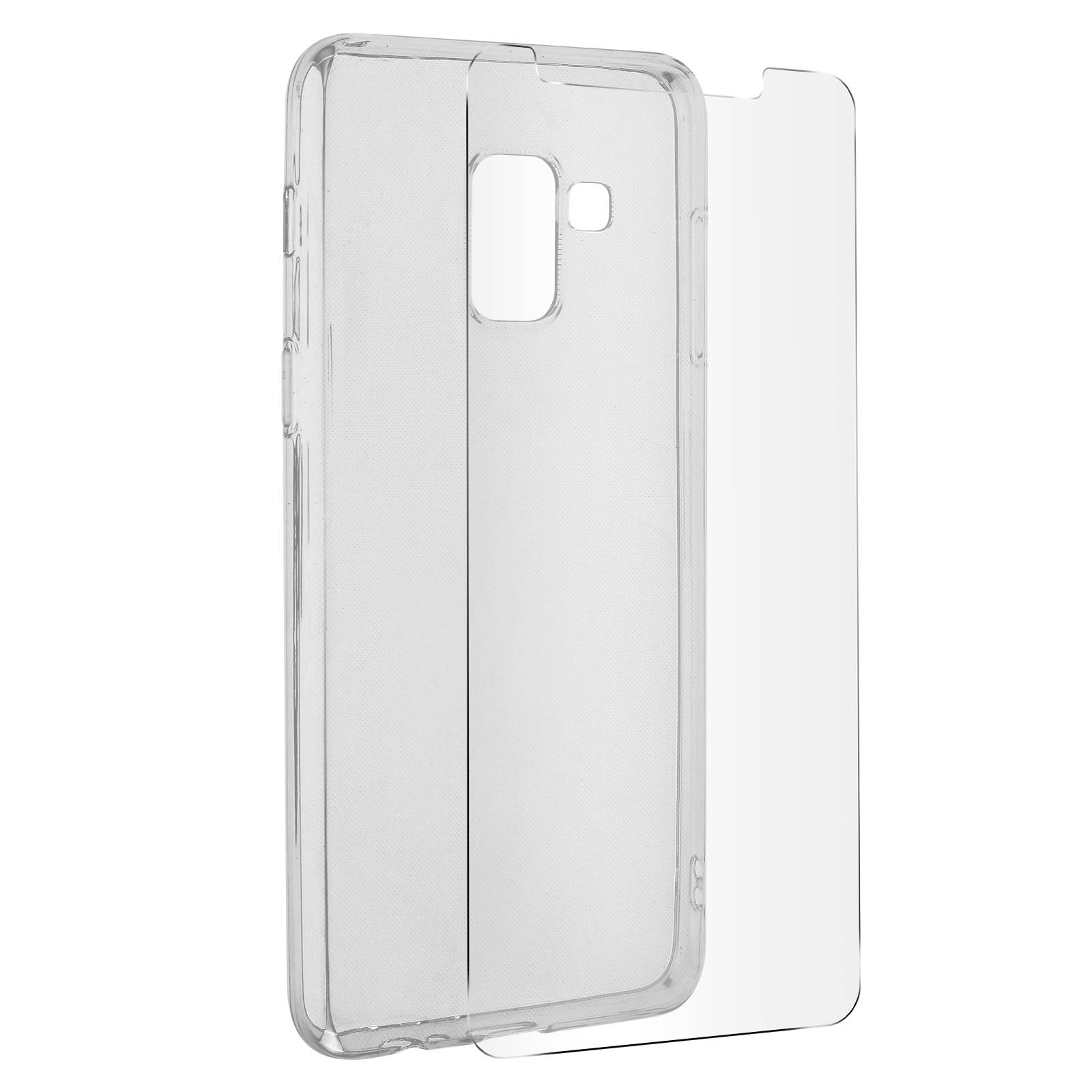 Eine transparente Handyhülle und Displayschutzfolie auf weißem Hintergrund, Hülle geöffnet.