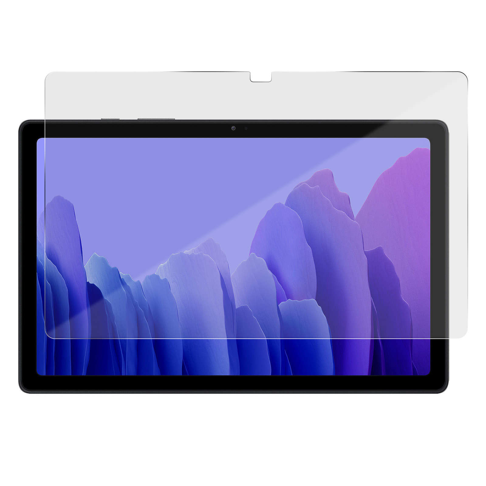 Tablet met schermbeschermer. Het scherm toont een landschap met paarse tinten. Beschermer erboven.