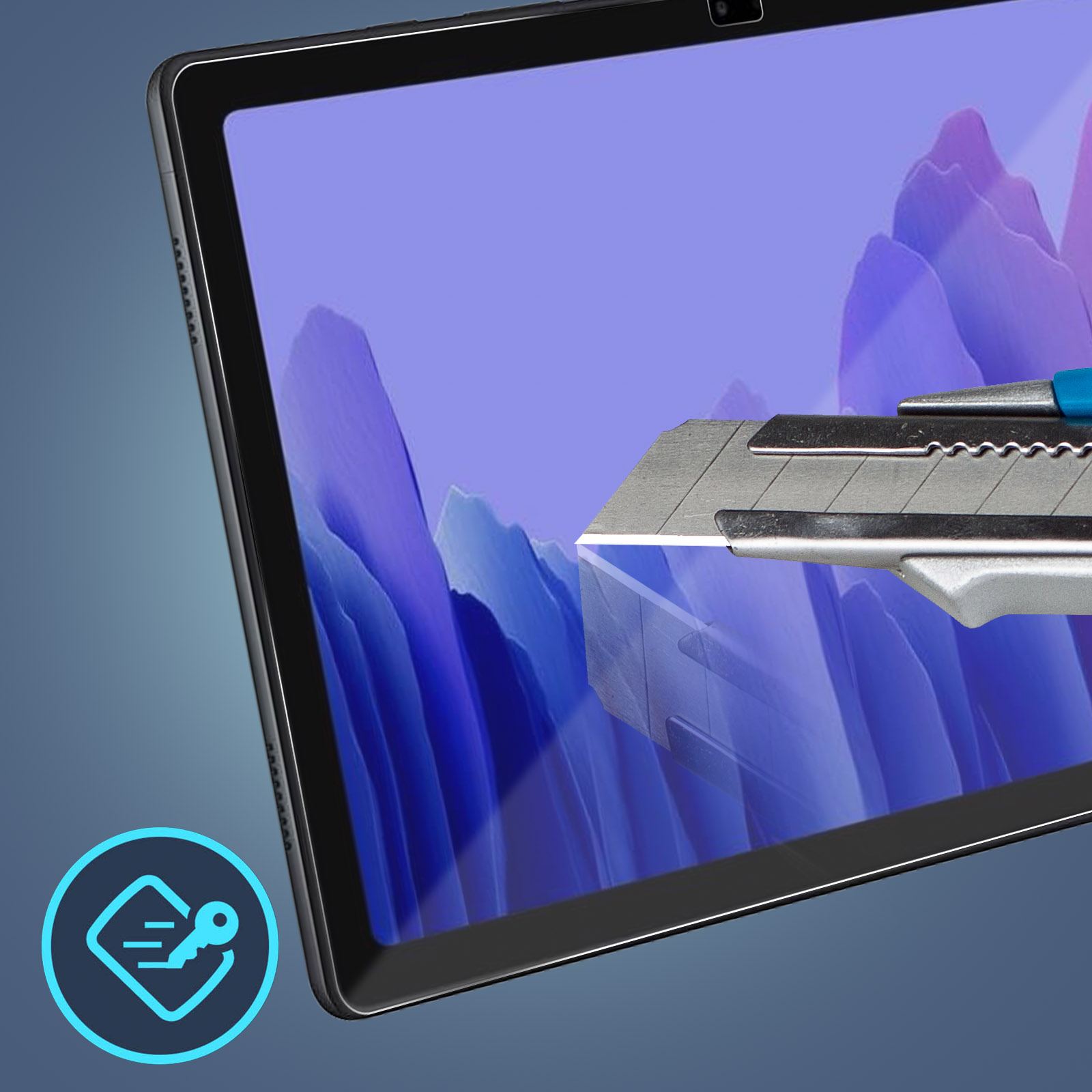 Un écran de tablette est coupé par un cutter, avec un film de protection placé sur l'écran.