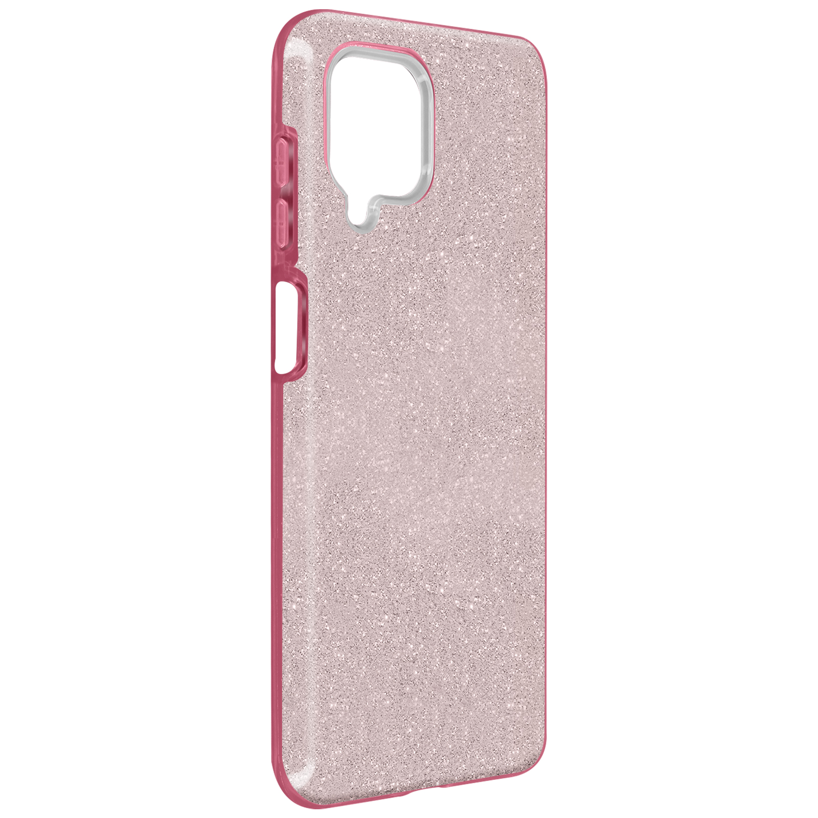 Coque de téléphone rose pailleté. Surface brillante, bords roses et boutons sur les côtés.