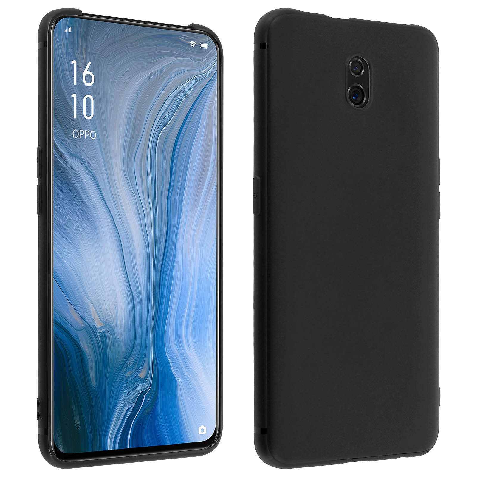 Schwarzes Telefon, Vorder- und Rückansicht, in einer schwarzen Hülle. Die Vorderseite zeigt Zeit und Marke.