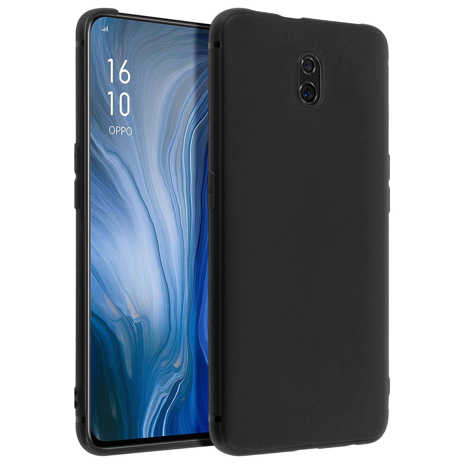Schwarzes Telefon in Hülle, Kamera und Datum auf dem Bildschirm. Weißer Hintergrund.