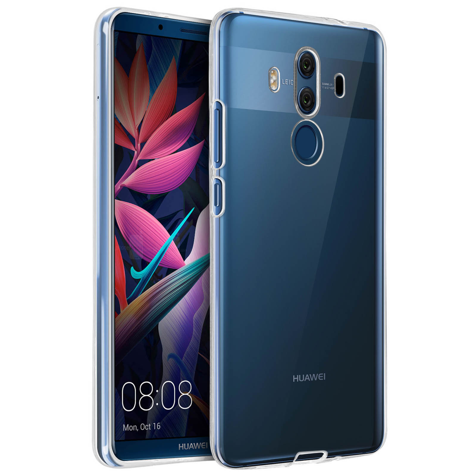 Una custodia trasparente per telefono con un telefono dentro. Lo schermo del telefono mostra un'immagine colorata.