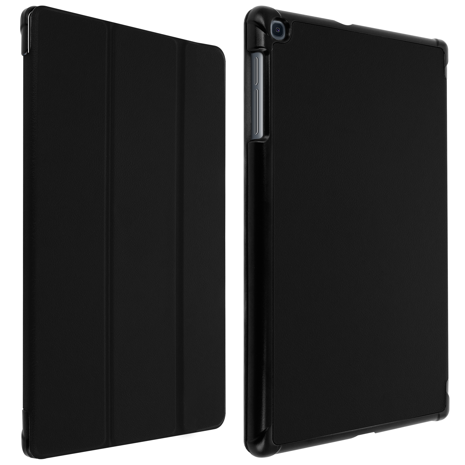 Custodia per tablet nera aperta. La custodia è nera e mostra l'interno e l'esterno.
