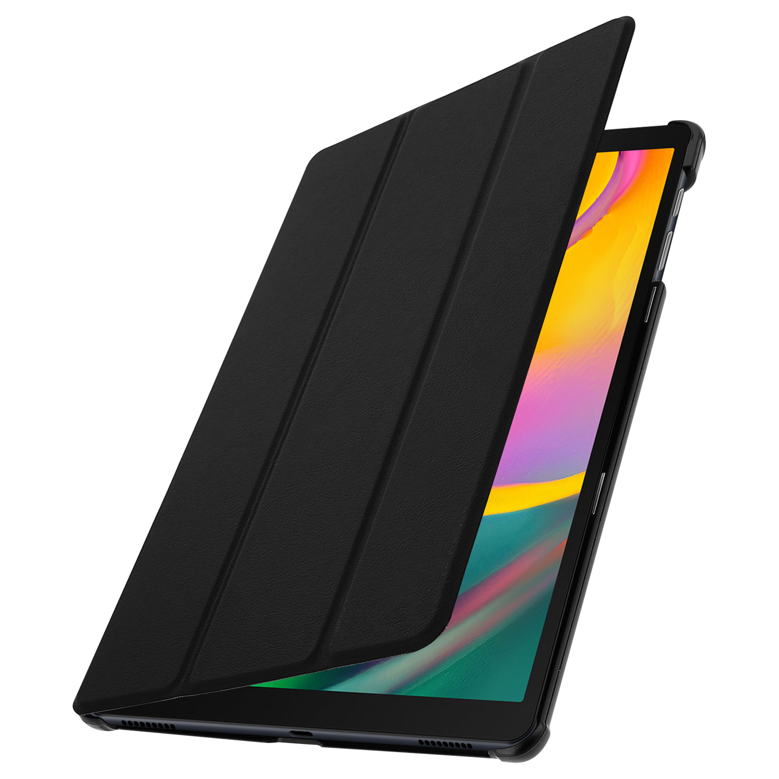 Tablet nero con custodia. Tablet con custodia nera e schermo giallo e rosa.