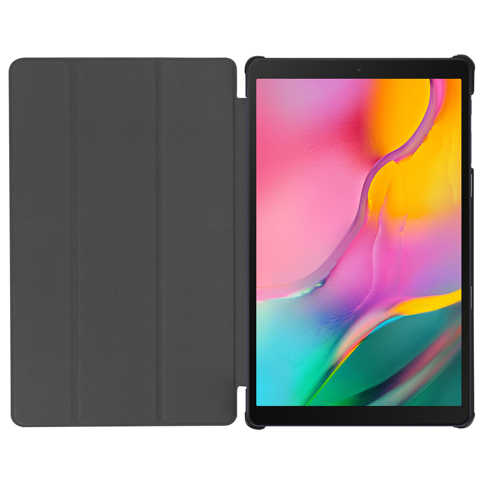 Tablet con custodia aperta. Il tablet ha un display colorato.