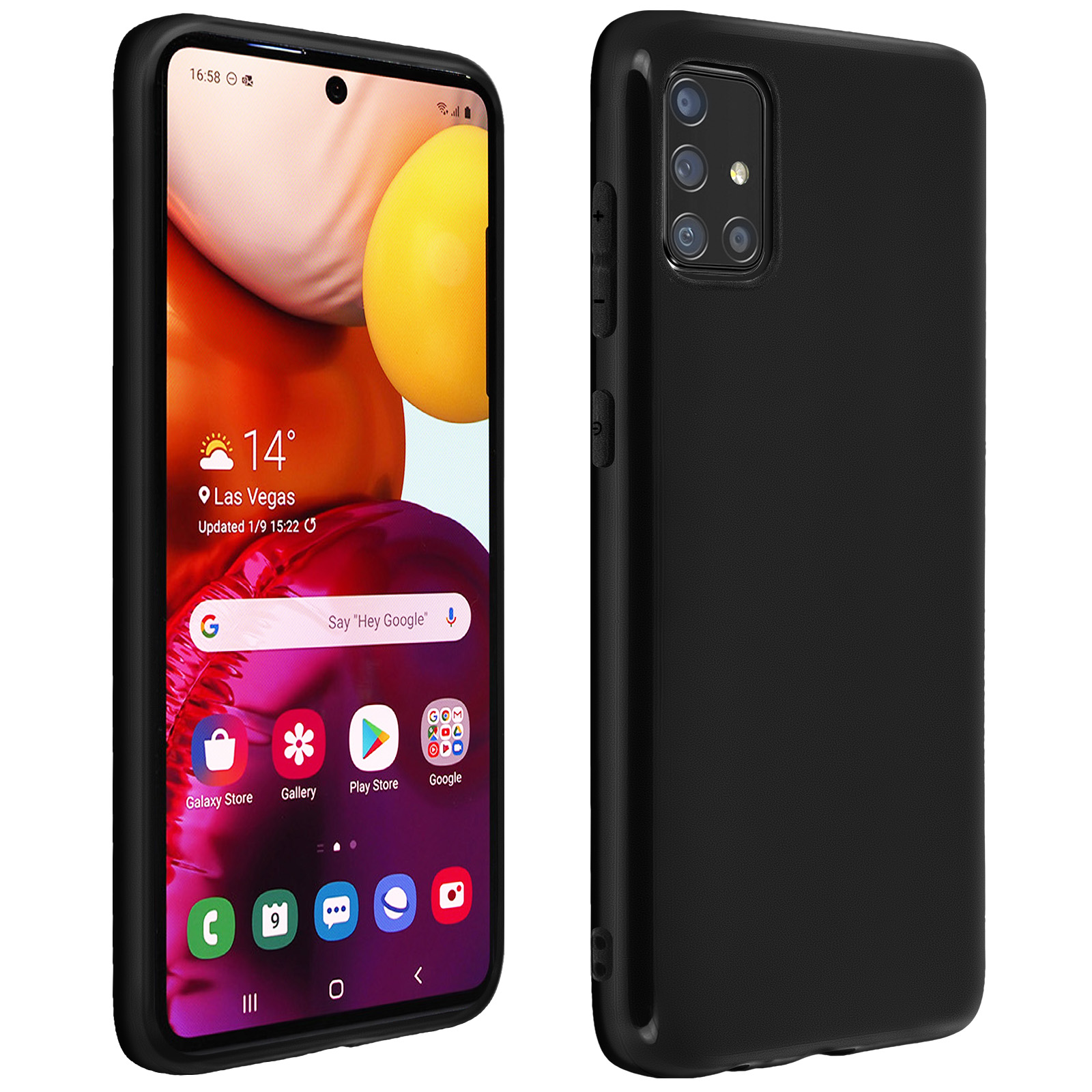 Téléphone noir avec écran allumé et coque noire. Le téléphone affiche des icônes d'applications et des infos météo.