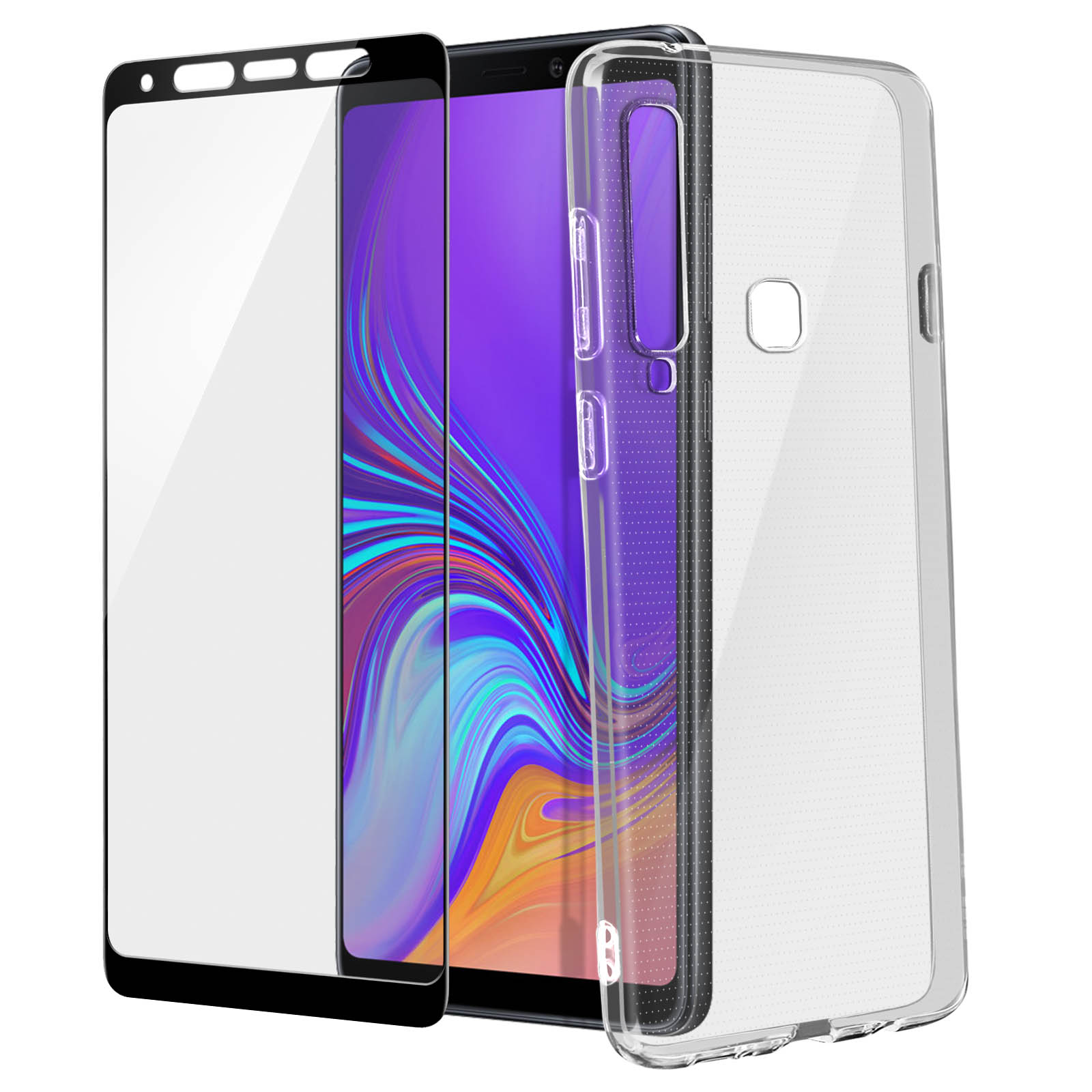 Un telefono con protezione schermo e custodia. Lo schermo mostra un'immagine colorata. Sfondo bianco.