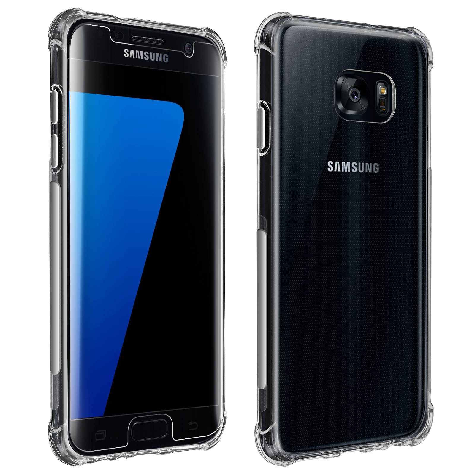 Transparente Handyhülle, zeigt ein schwarzes Telefon mit transparenter Hülle von vorne und hinten.