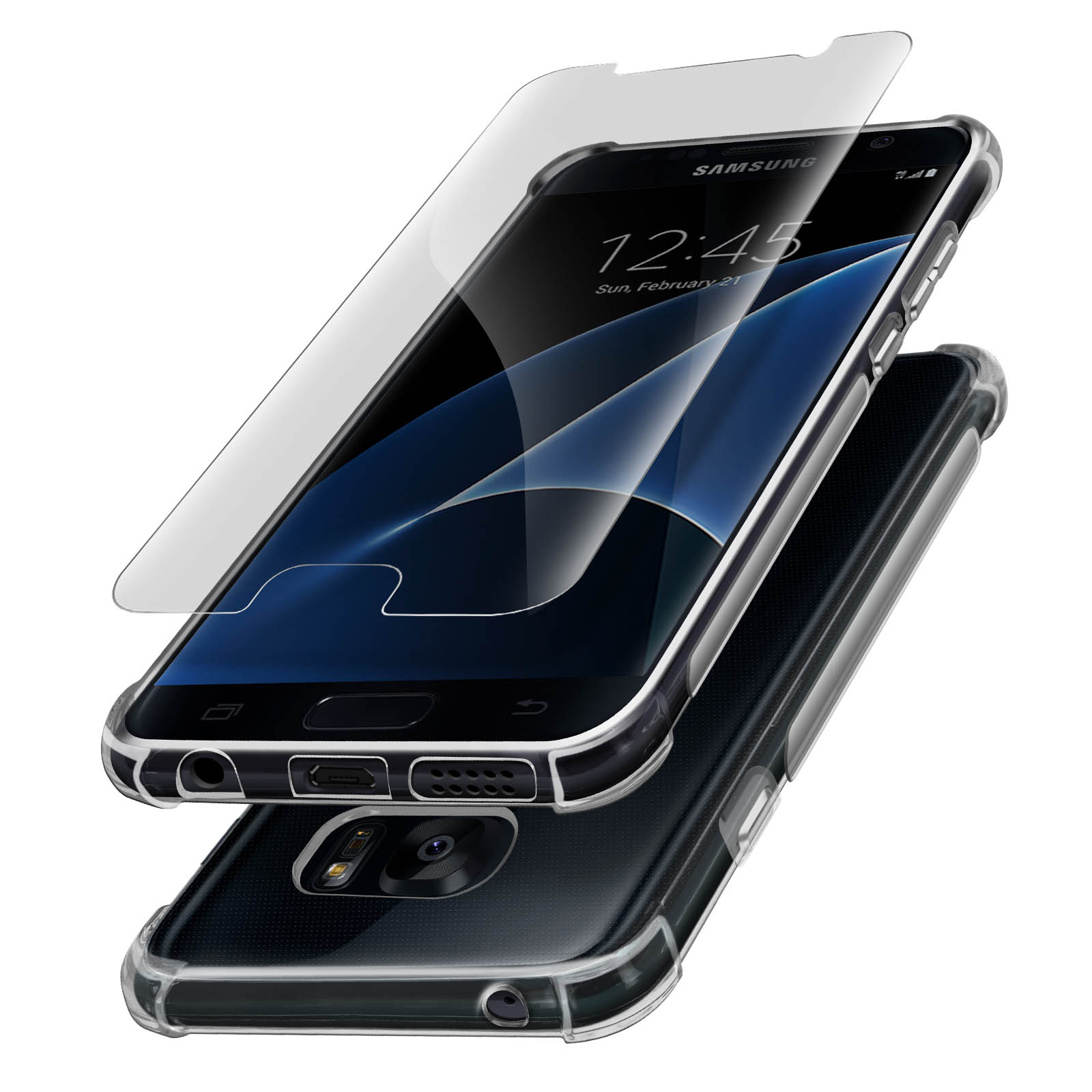 Ein Telefon mit Displayschutzfolie und durchsichtiger Hülle. Das Telefon ist schwarz. Weißer Hintergrund.