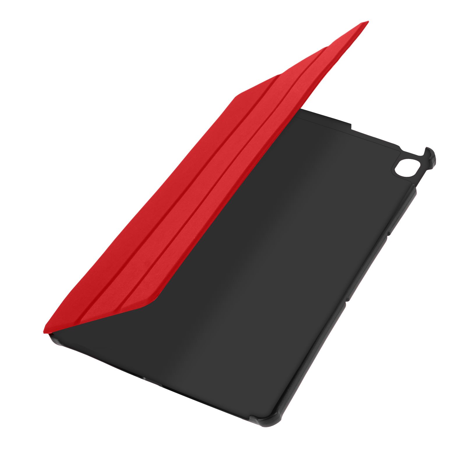 Custodia nera per tablet con coperchio rosso aperto. Sfondo bianco.