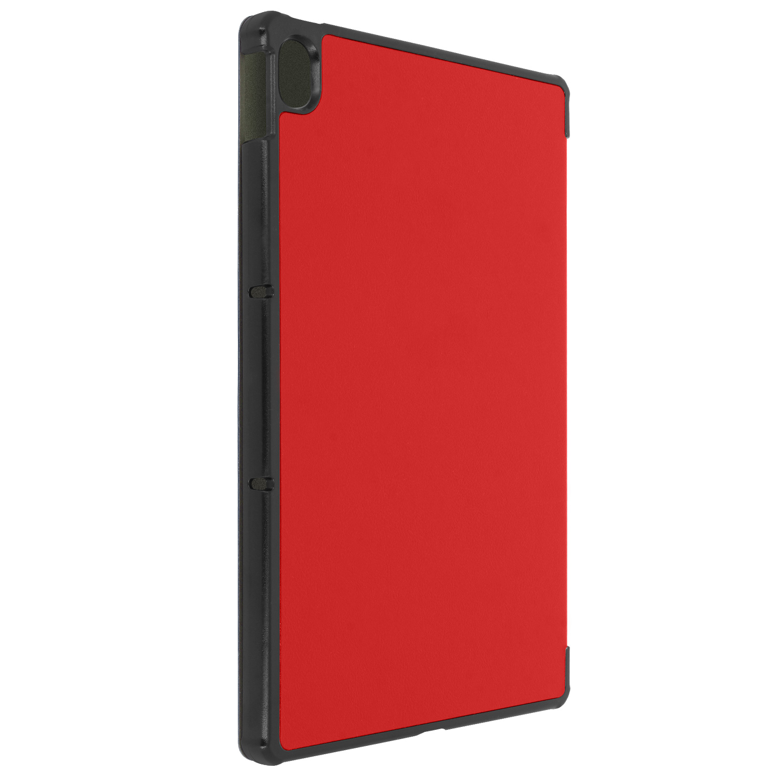 Una custodia rossa per tablet con bordo nero è mostrata lateralmente.