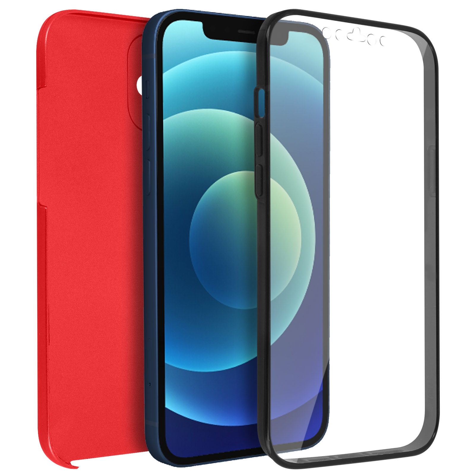 Tre componenti del telefono. Una custodia rossa e un telefono blu, e una protezione schermo. La protezione è trasparente.