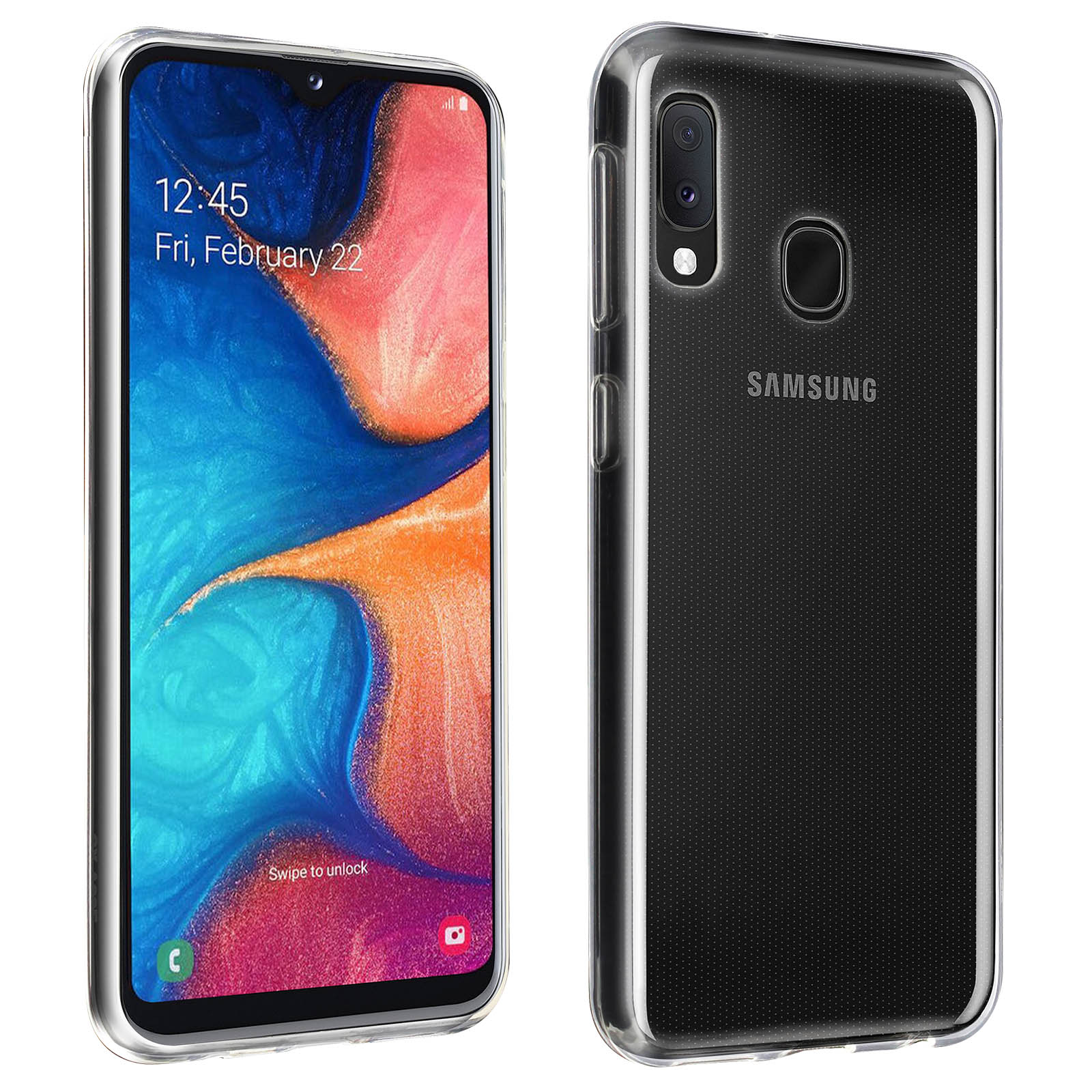 Uno smartphone in una custodia trasparente. Lo schermo del telefono mostra un'app e la data, 22 febbraio.