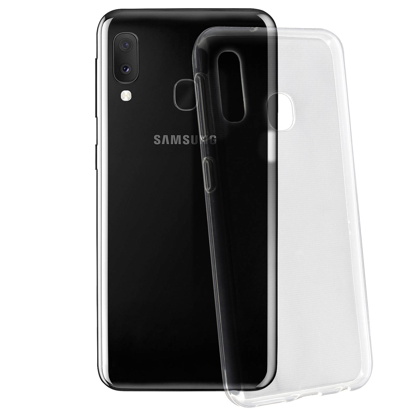 Custodia nera per telefono con telefono nero, marchio Samsung e cover trasparente.