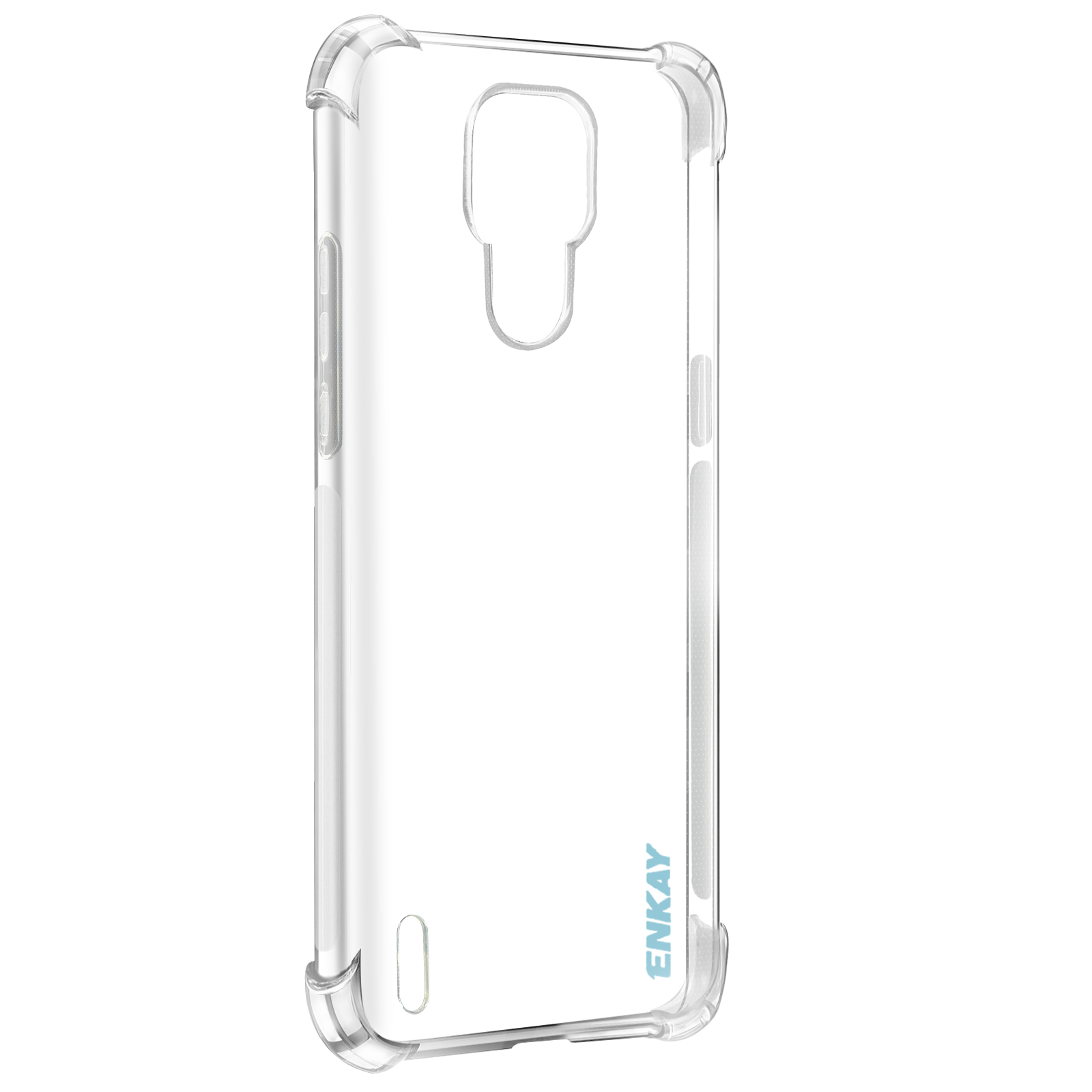 Una custodia trasparente per telefono. La custodia è realizzata in plastica e mostra la forma del telefono.
