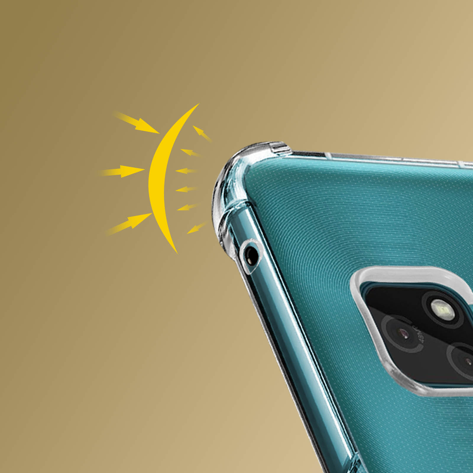 Primo piano di una custodia per telefono con copertura protettiva, che mostra un grafico a raggi di sole.
