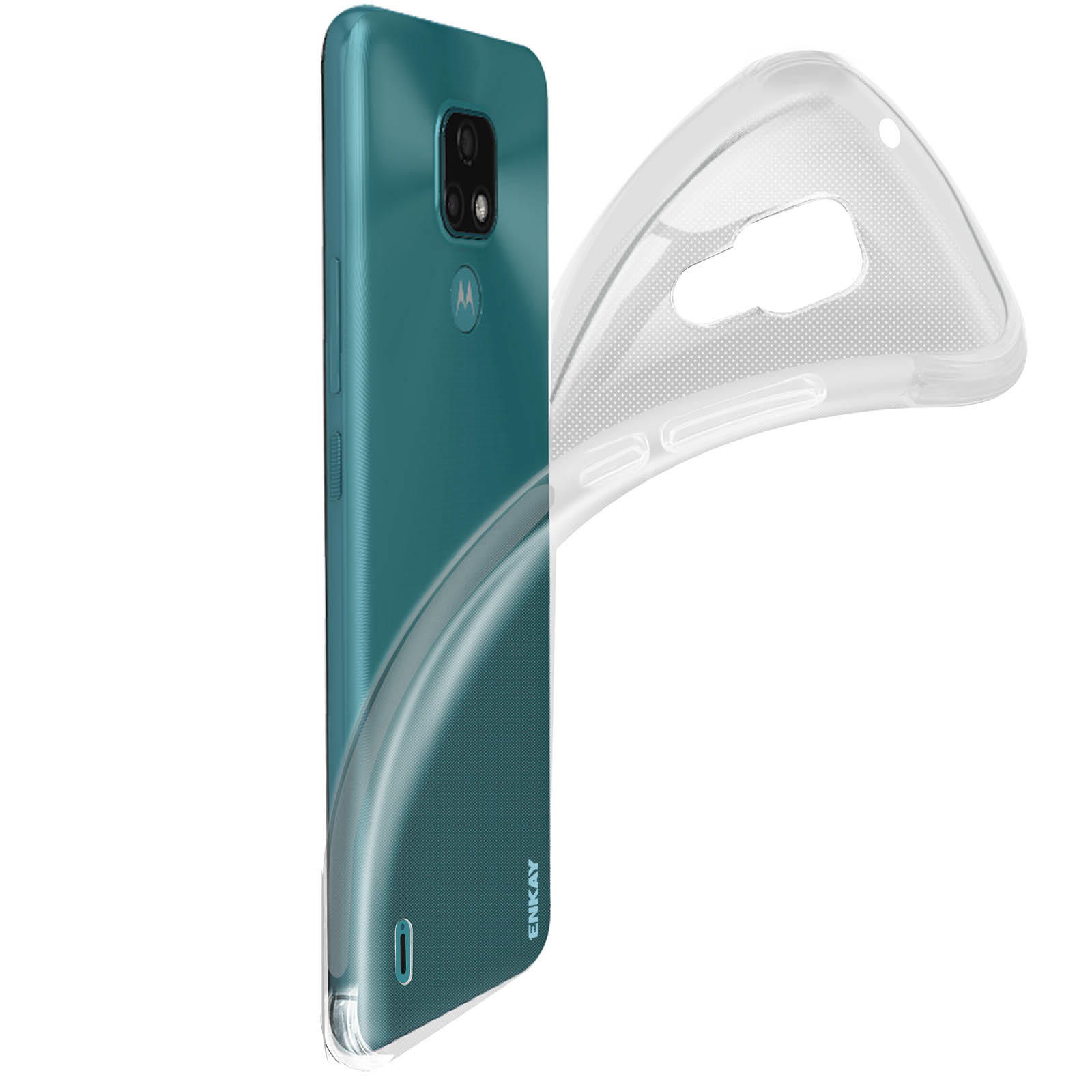 Un telefono verde acqua con una custodia trasparente.