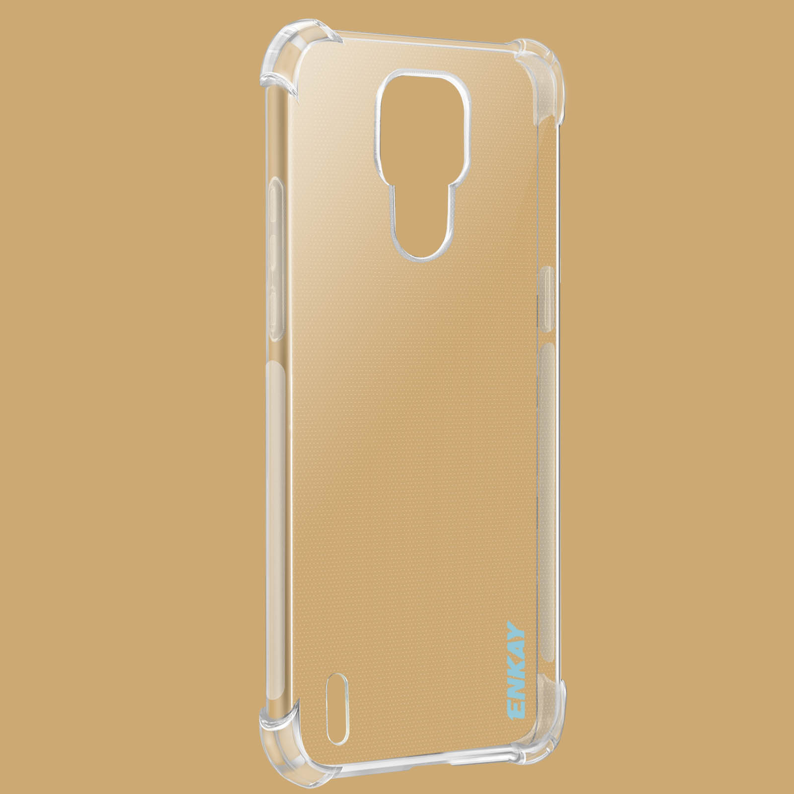 Custodia trasparente per telefono con un telefono all'interno. La custodia ha un contorno trasparente e un logo blu.