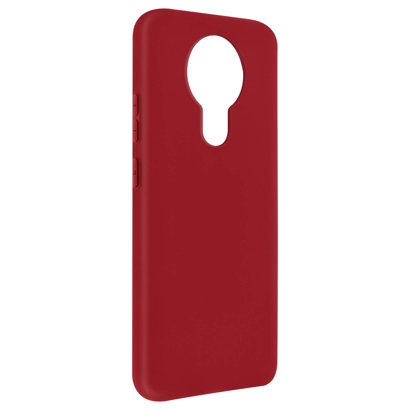 Una custodia rossa per telefono con un ritaglio per la fotocamera e i pulsanti. La custodia è tinta unita.