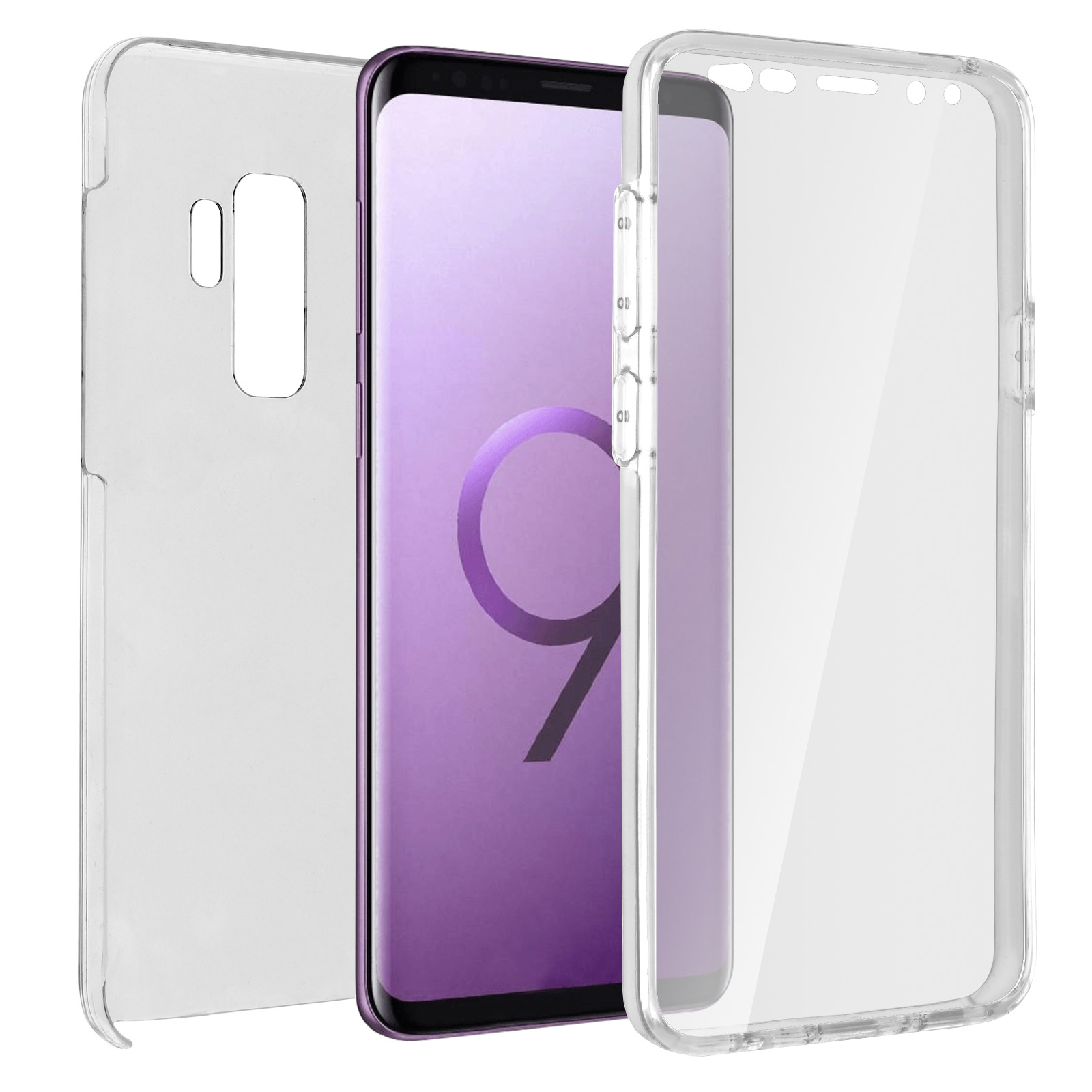 Custodia e protezione schermo trasparenti con telefono. Il telefono è viola, custodia e protezione sono trasparenti.