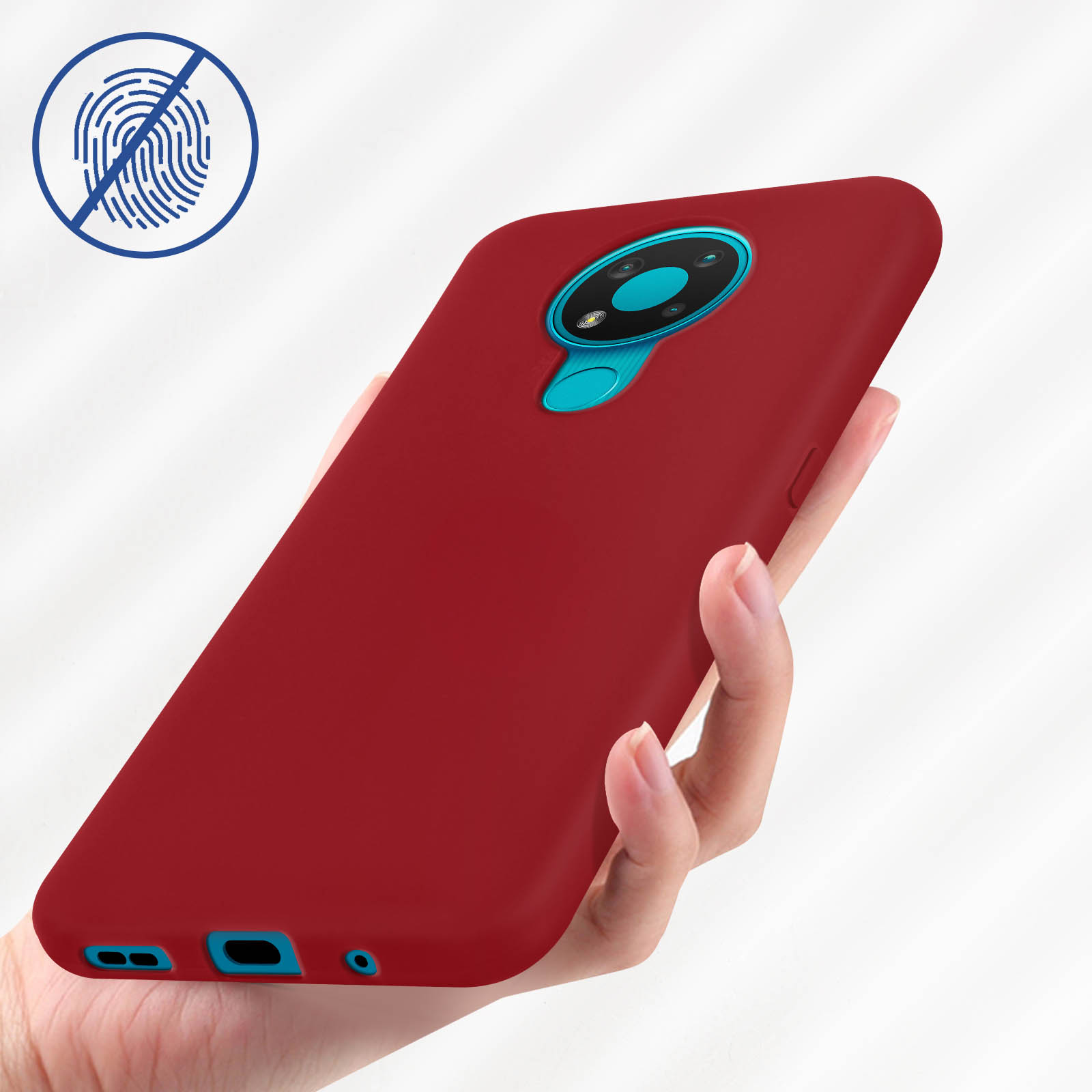 Custodia rossa per telefono in mano, che mostra l'obiettivo della fotocamera. Simbolo senza impronte digitali in alto a sinistra.