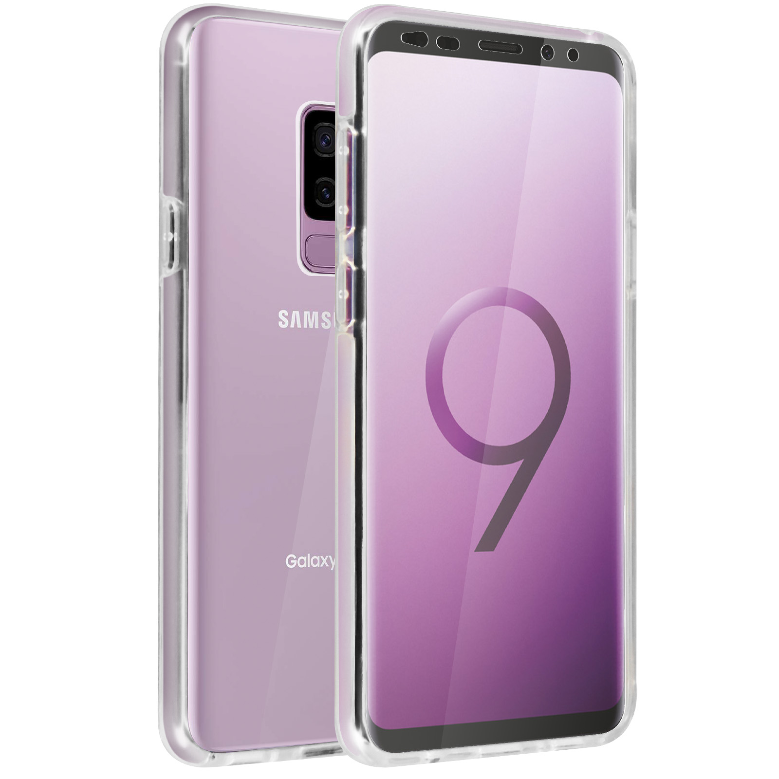 Un telefono con una custodia trasparente. Il telefono è viola e ha il logo Samsung Galaxy.