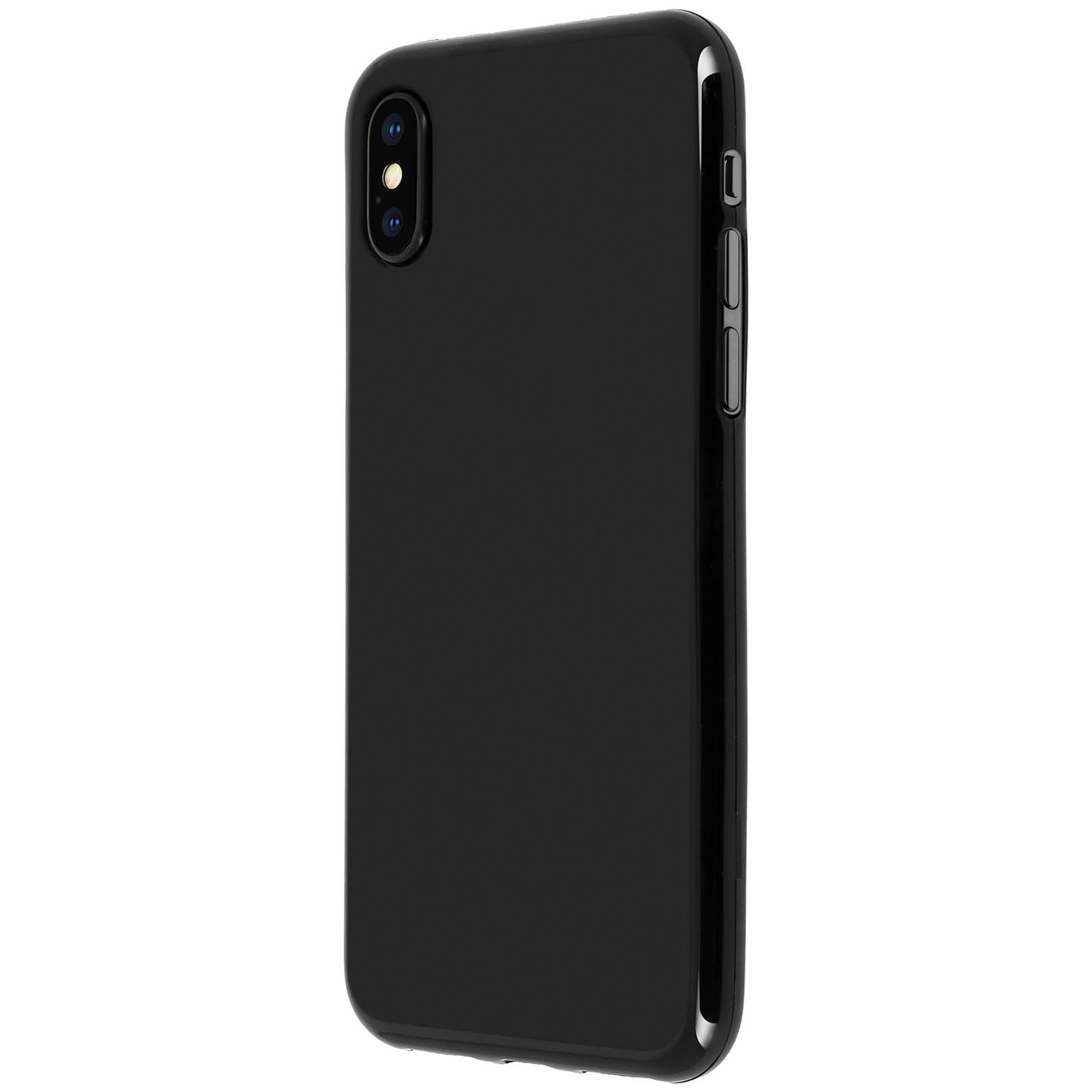 Custodia nera per telefono. La fotocamera è visibile. Sfondo bianco.