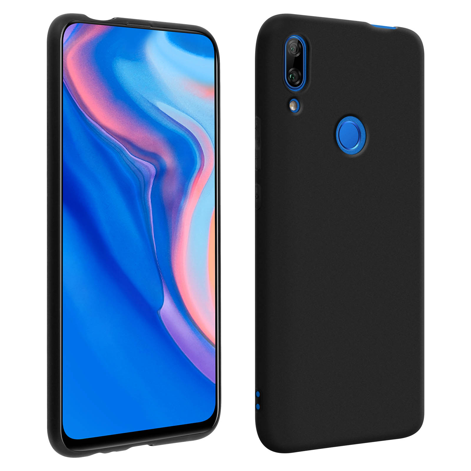 Telefono nero con custodia nera. Il retro è visibile, con fotocamera e cerchio blu.