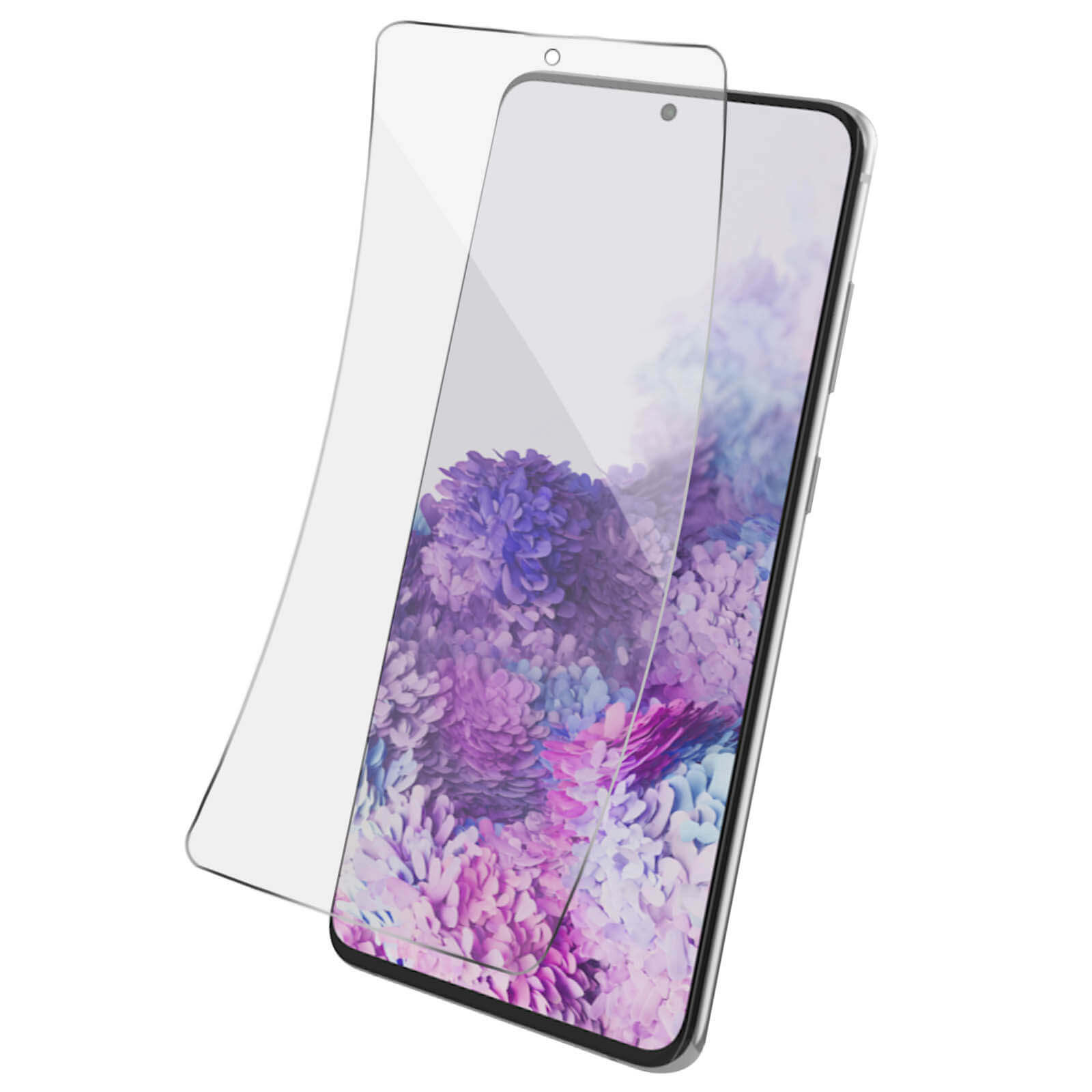 Uno smartphone con una protezione per lo schermo. Lo schermo mostra un motivo floreale. La protezione è trasparente.