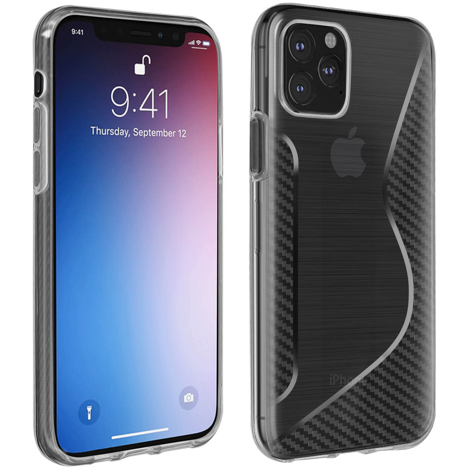 Smartphone in una custodia trasparente. Parte posteriore con motivo in fibra di carbonio.