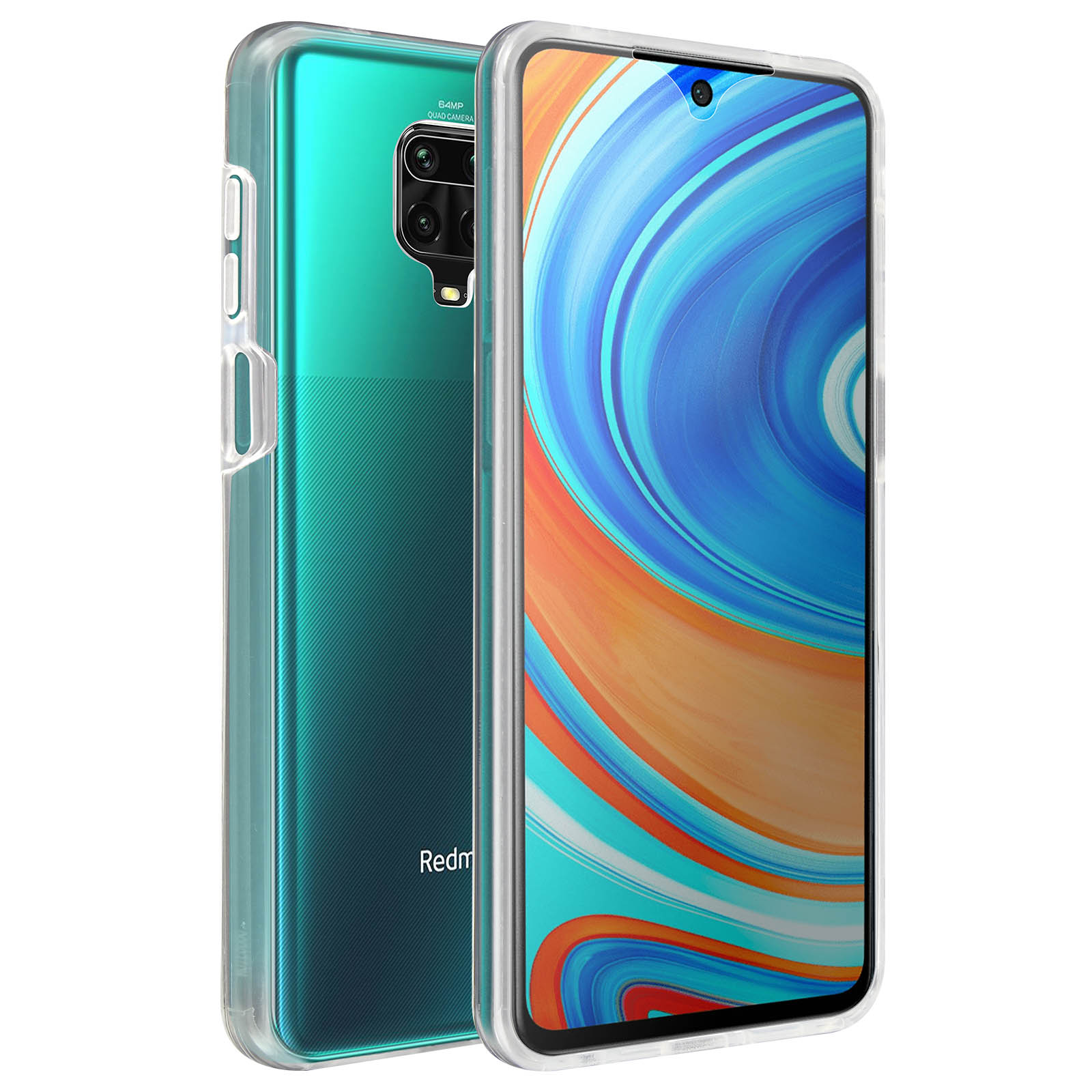 Un telefono in una custodia trasparente, che mostra la fotocamera e lo schermo.
