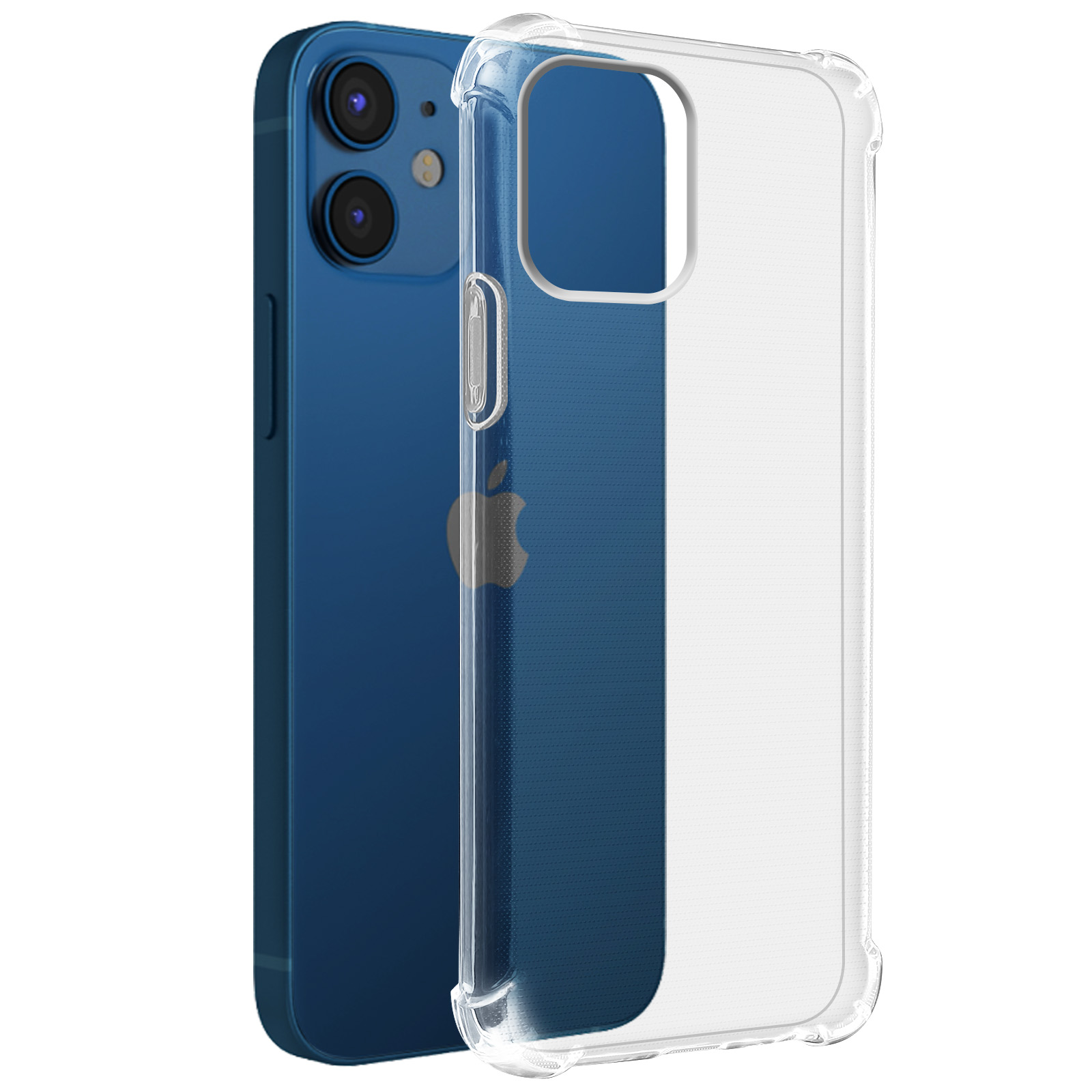 Telefono blu con custodia trasparente, angolato su bianco. Lo sfondo è una superficie bianca.