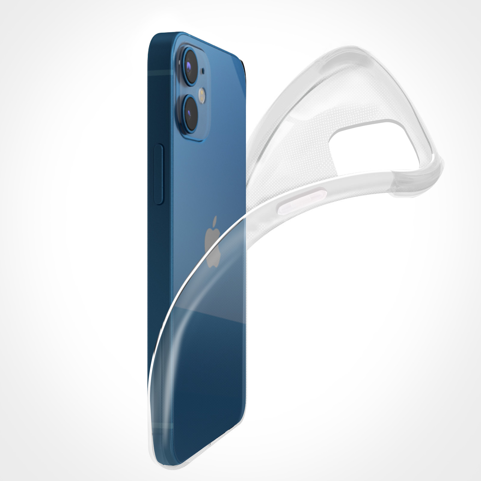 Telefono blu con custodia trasparente rimossa. Sfondo bianco. Logo Apple visibile.