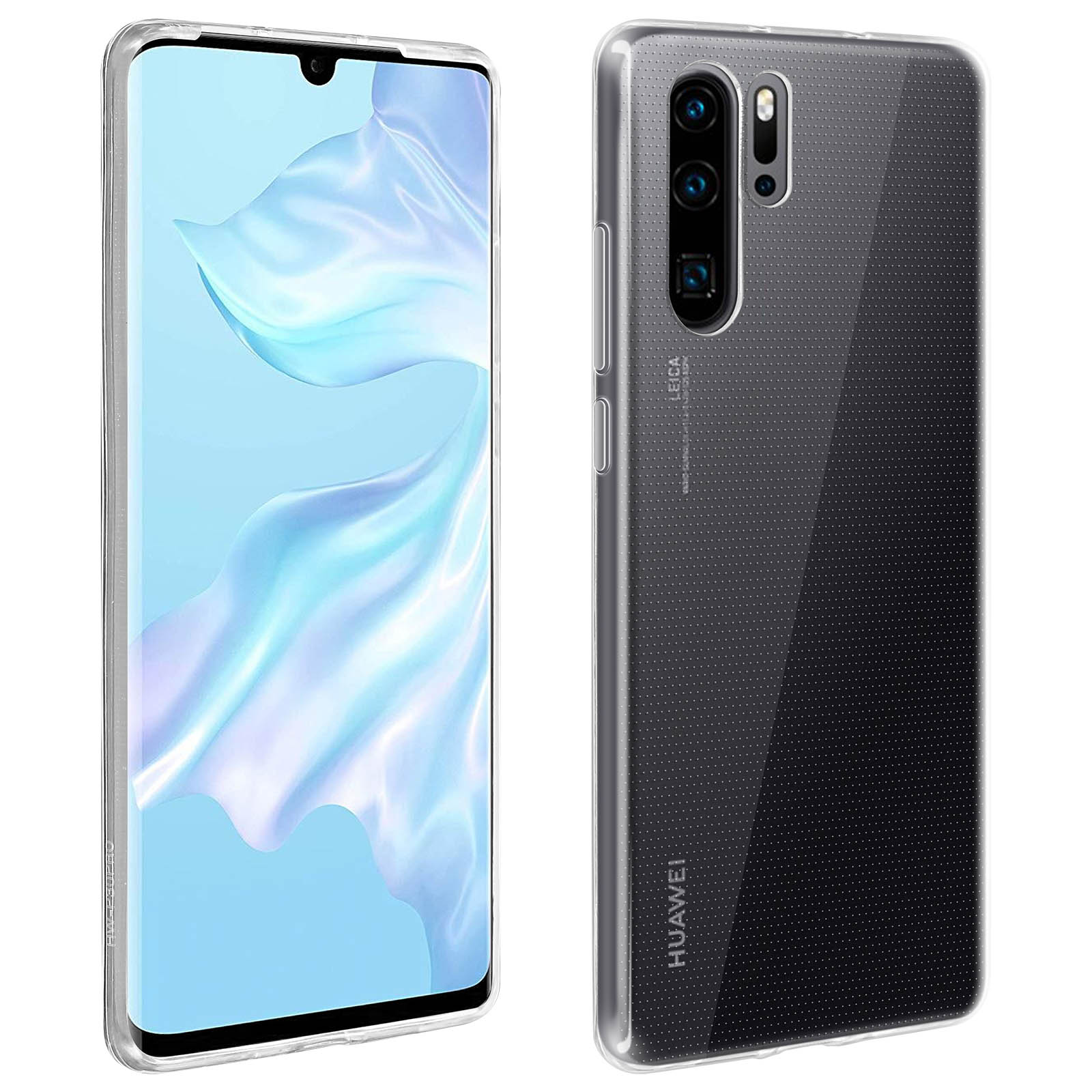 Telefono e custodia. Il telefono è nero con una custodia. Logo Huawei sul retro.