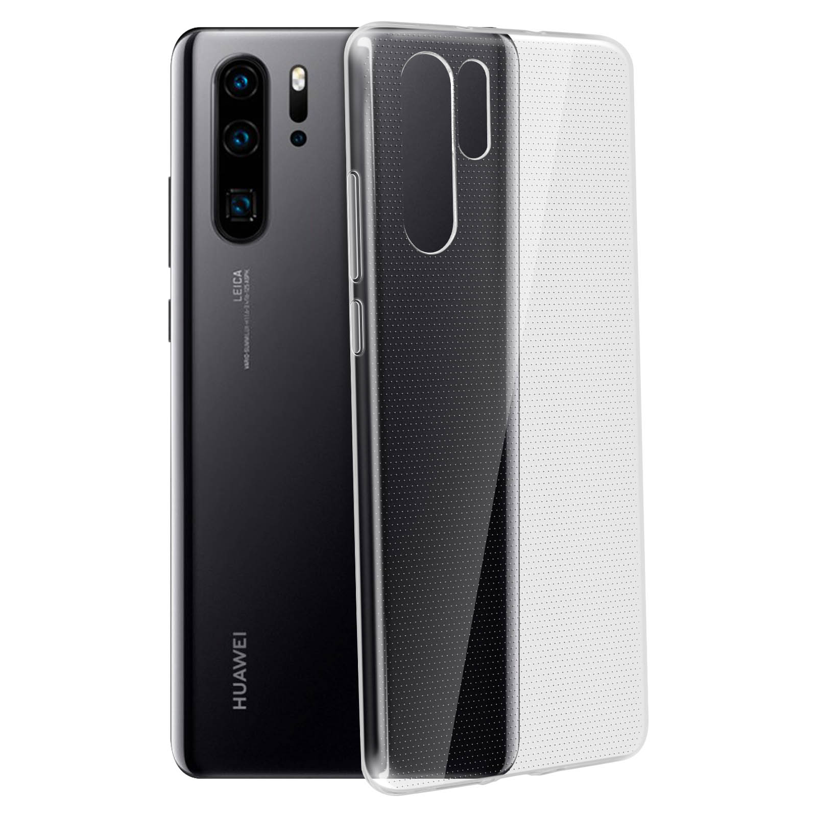 Uno smartphone Huawei nero con tre fotocamere, mostrato accanto a una custodia protettiva trasparente.