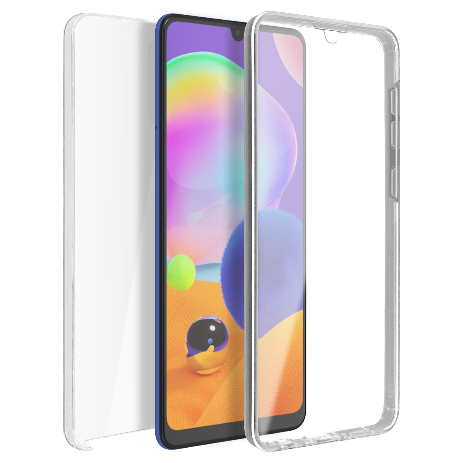 Un téléphone dans une coque transparente. La coque est en trois parties. Le téléphone affiche un design abstrait.