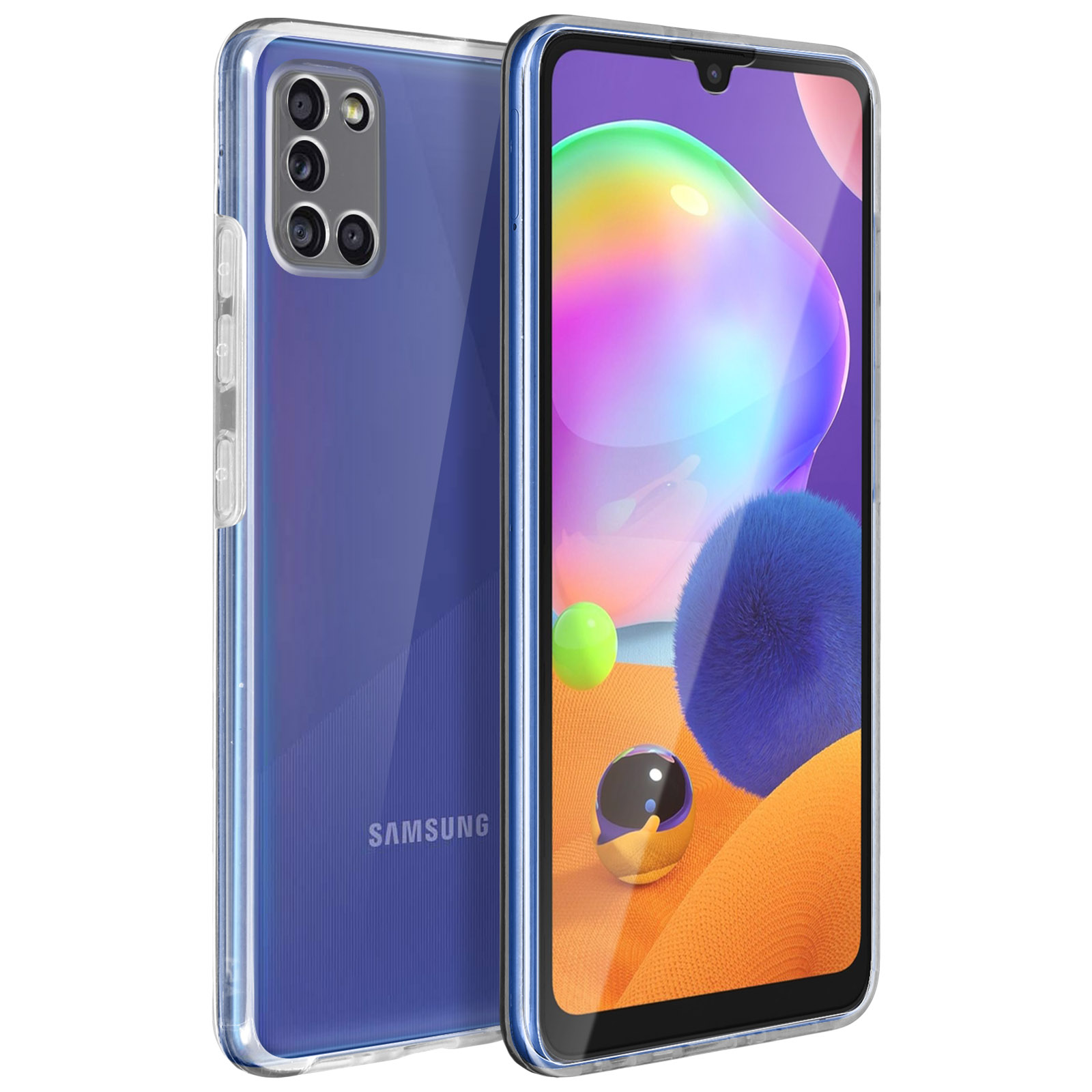 Téléphone bleu avec étui transparent. Sur fond blanc, avec des sphères colorées et un reflet de lumière.