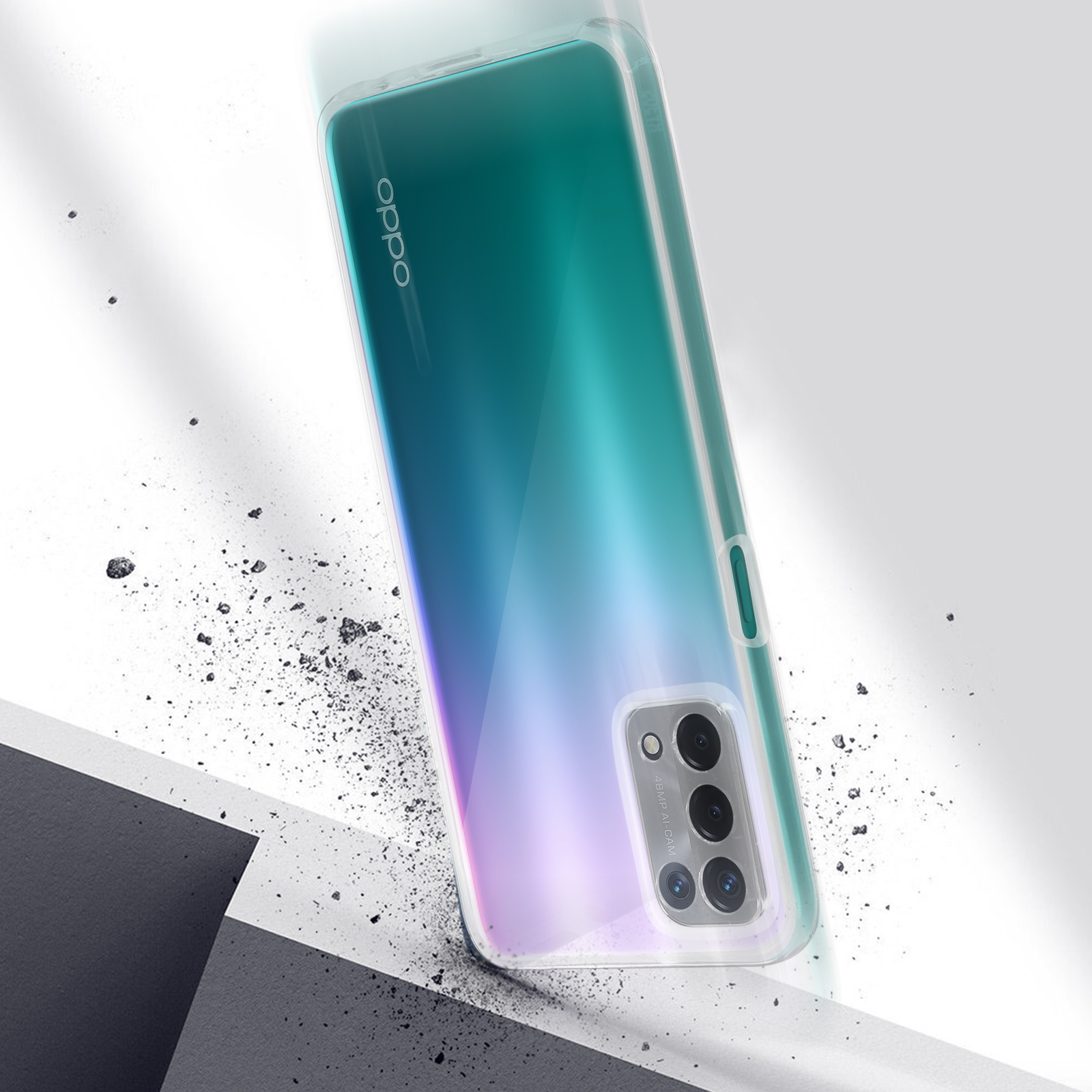 Ein Telefon in einer durchsichtigen Hülle liegt auf einer Oberfläche. Das Telefon hat eine Farbverlauf, blau zu grün.
