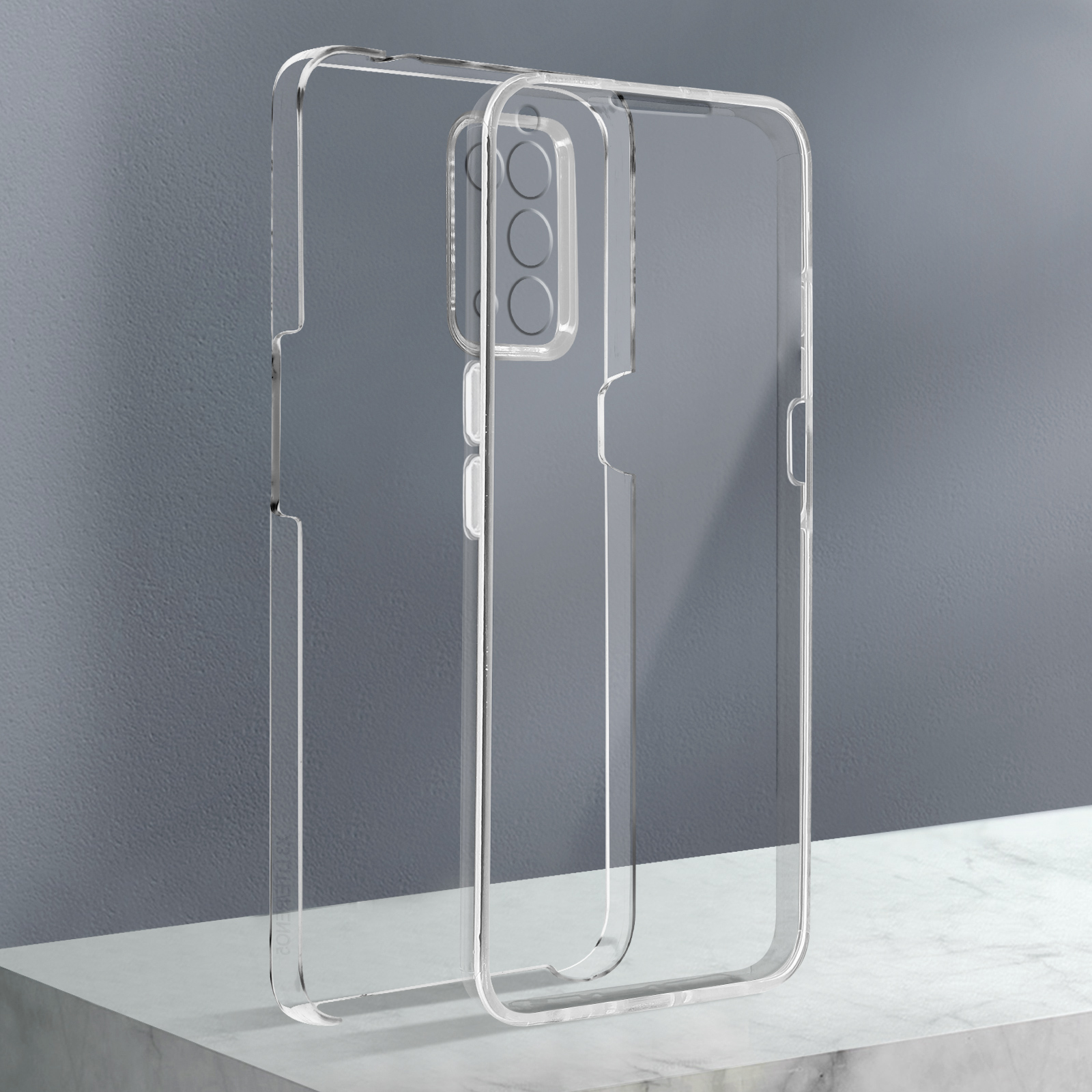 Klare Handyhülle. Drei Kameralöcher. Die Hülle ist transparent. Der Hintergrund ist grau.