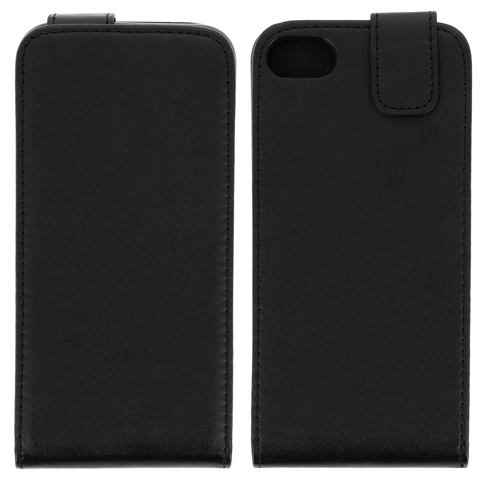 Due custodie per telefono in pelle nera, una aperta e una chiusa. Design semplice e cuciture.