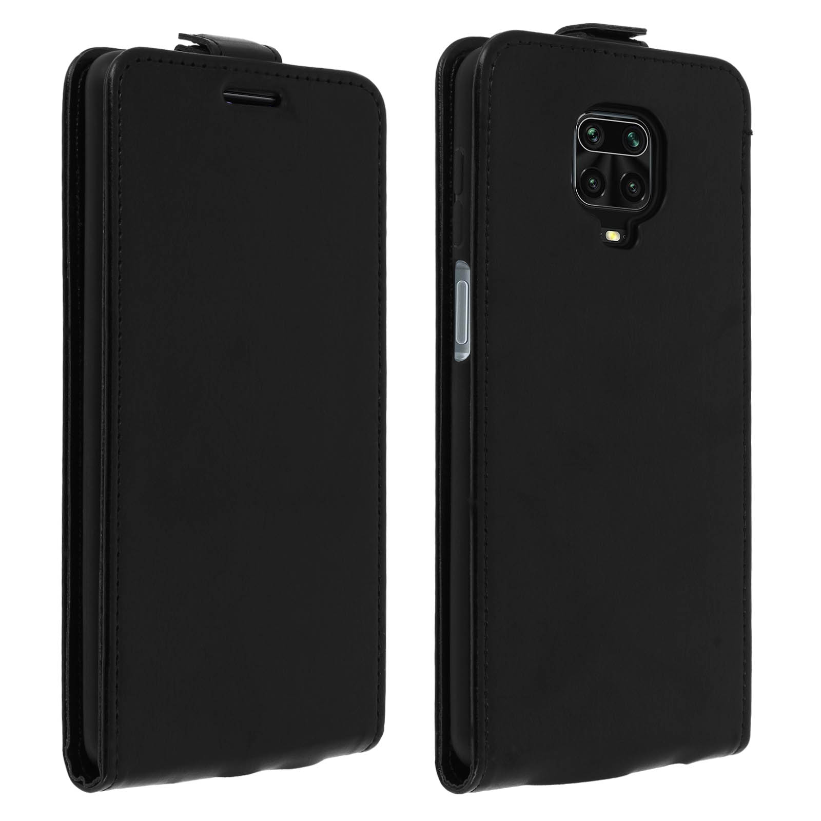 Un étui de téléphone noir, ouvert pour montrer l'intérieur avec un téléphone.
