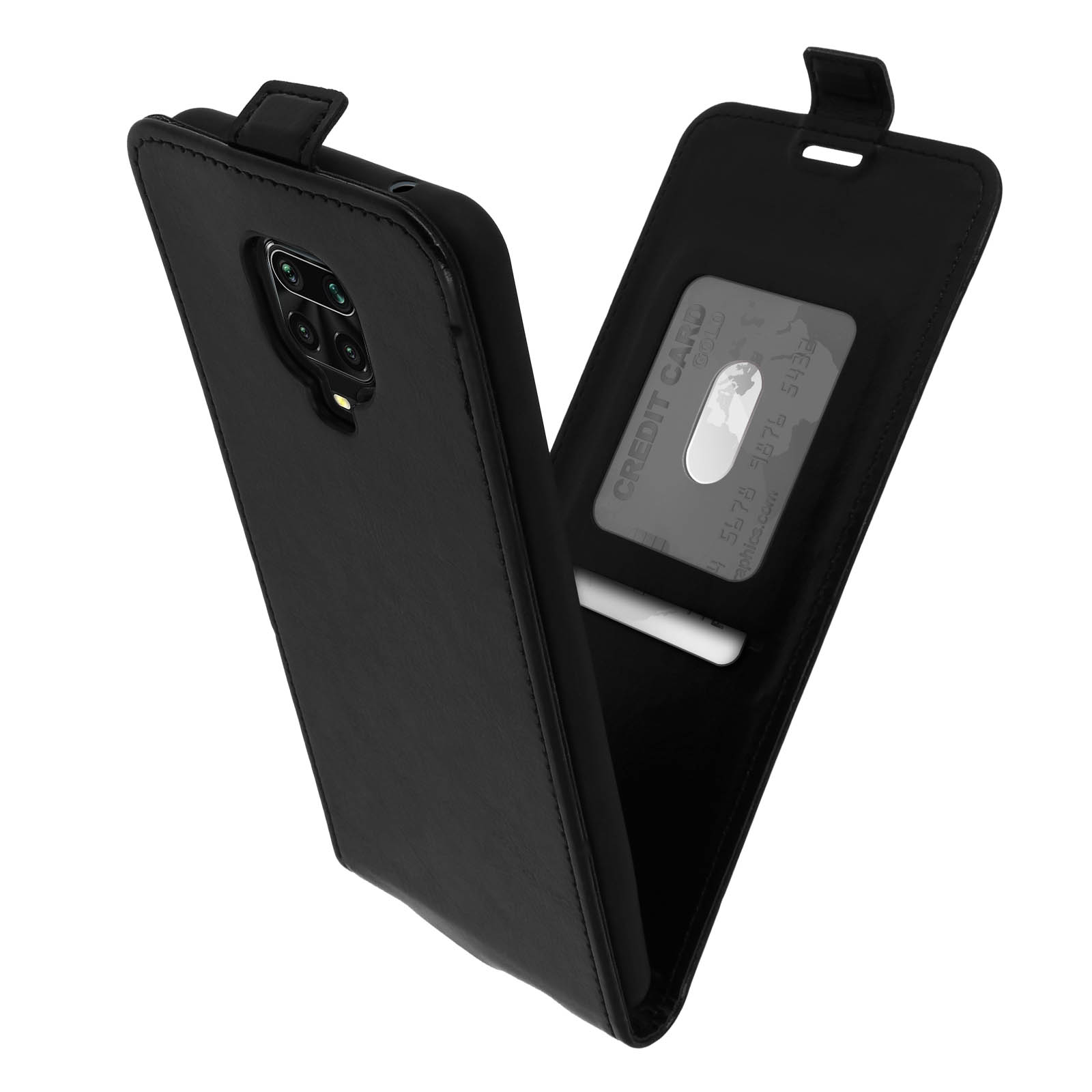 Étui de téléphone noir, ouvert, montrant une carte de crédit et un téléphone à l'intérieur.